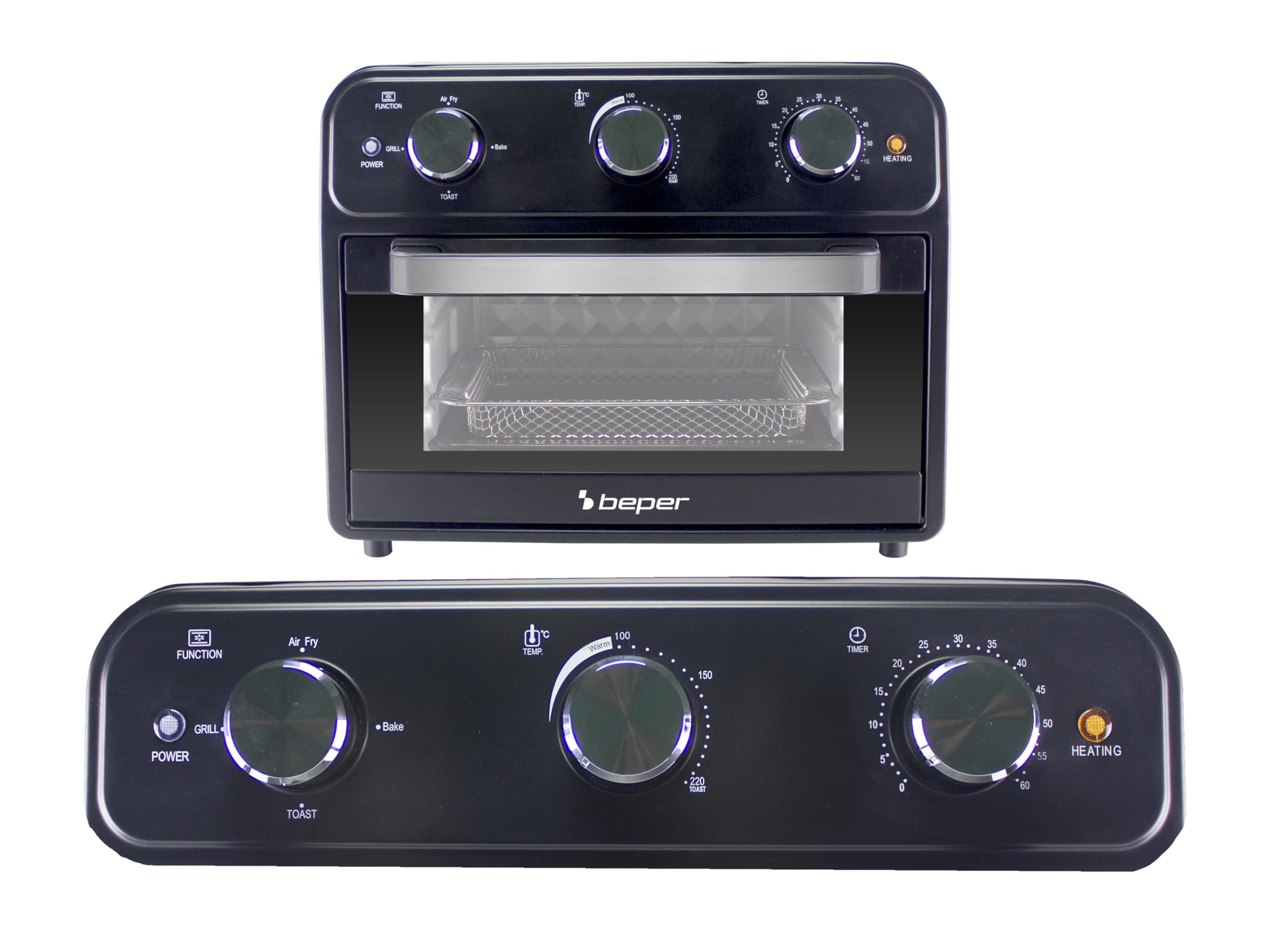 BEPER P101FRI024 Freidora de Aire Multifunción 24L, Freidora de Aire con 4 Funciones: Freír, Grill, Horno, Tostar, Temporizador de 60 min, 220°C, Accesorios Apto para Lavavajillas, Doble Cristal