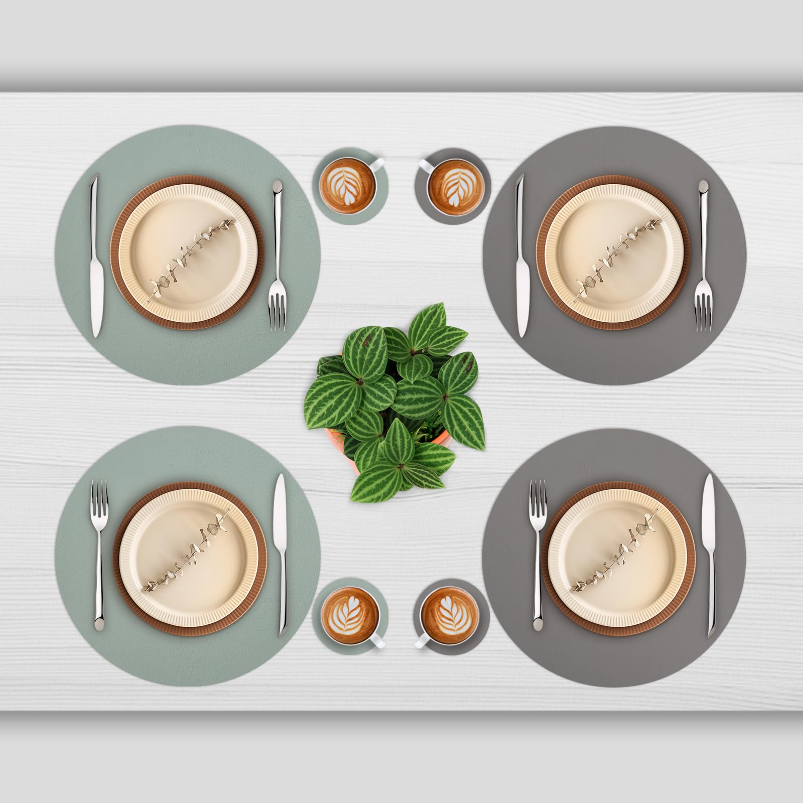 Myir JUN Round Table Placemats Set of 4 Faux Leather Place Mats and Coasters 15 inch Round Dual Sided Placemats Non-Slip Wipe Clean Stain Resistant (Gray Sage green,Set of 4) - Image 2