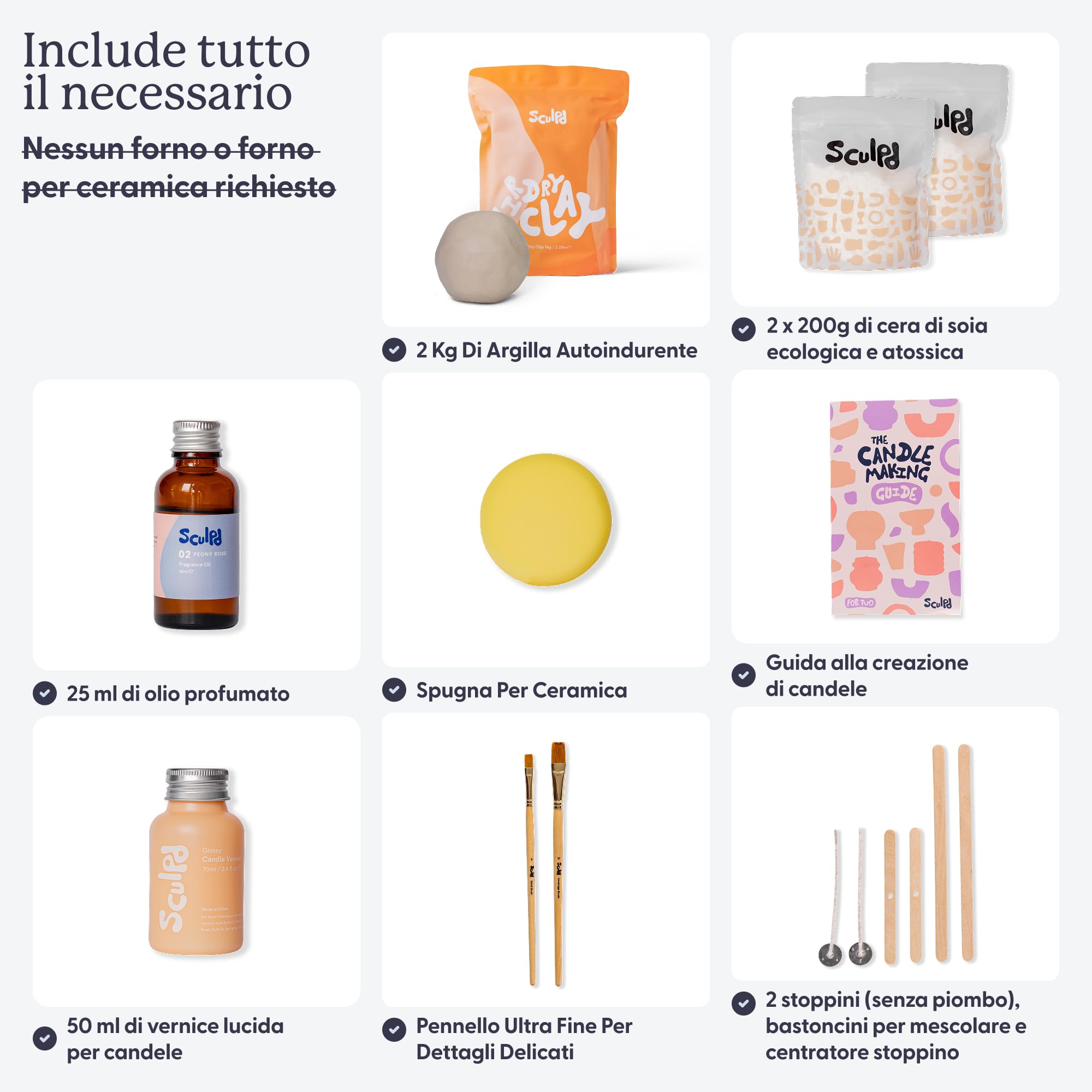 Sculpd, Kit per creare candele con argilla autoindurente, per 2 persone, per principianti e adulti, con cera di soia ecologica, oli profumati, vernice, utensili e guida (lingua italiana non garantita)