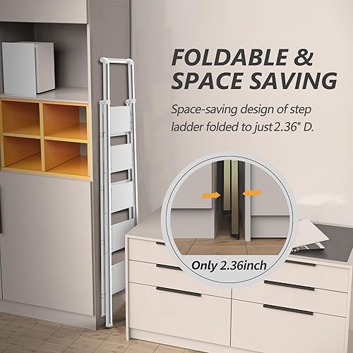 Vista 17 de Escalera de 4 escalones, taburete plegable con pedal antideslizante ancho y resistente, escalera de escalera de aluminio ligero y portátil, Dorado