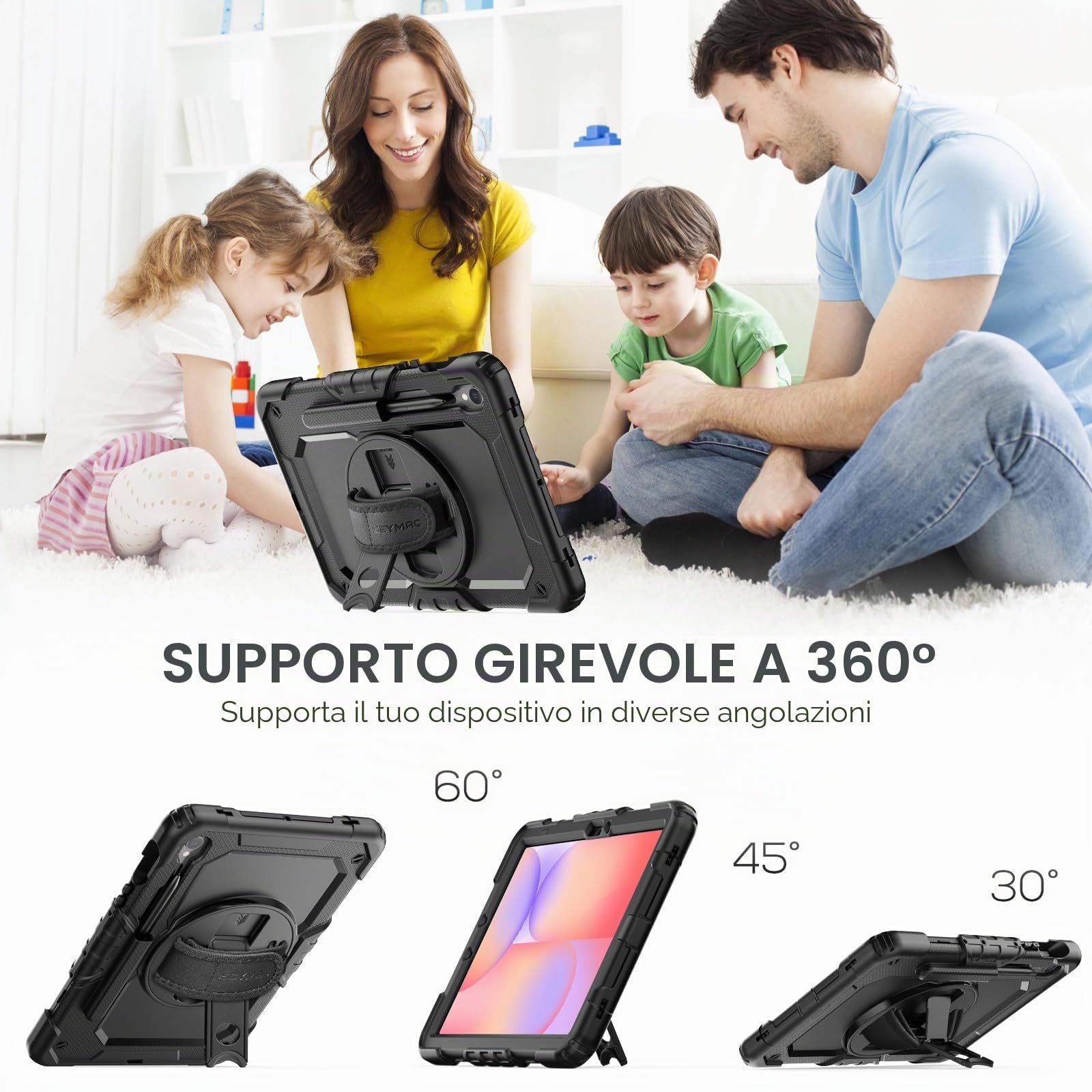 SEYMAC Custodia per Samsung Galaxy Tab S10 Lite / S10 FE 10.9" / S9 FE 10.9"/ S9 11 Pollici, Custodia Antiurto con Pellicola Protettiva, Supporto Girevole a 360°, Tracolla, con Portapenne, Nero