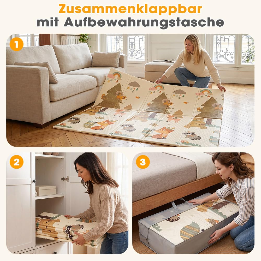 PlayPals Krabbelmatte für Babys, Baby Spielmatte, Krabbeldecke Baby, 2 cm Dicke Spielmatte, Beidseitig Verwendbar, Faltbar, Wasserdicht, Rutschfest, 200x180 cm, mit Aufbewahrungstasche, Wald | Krabbeldecke Extra Groß und Dick, Faltbar, Wasserdicht, Rutsch
