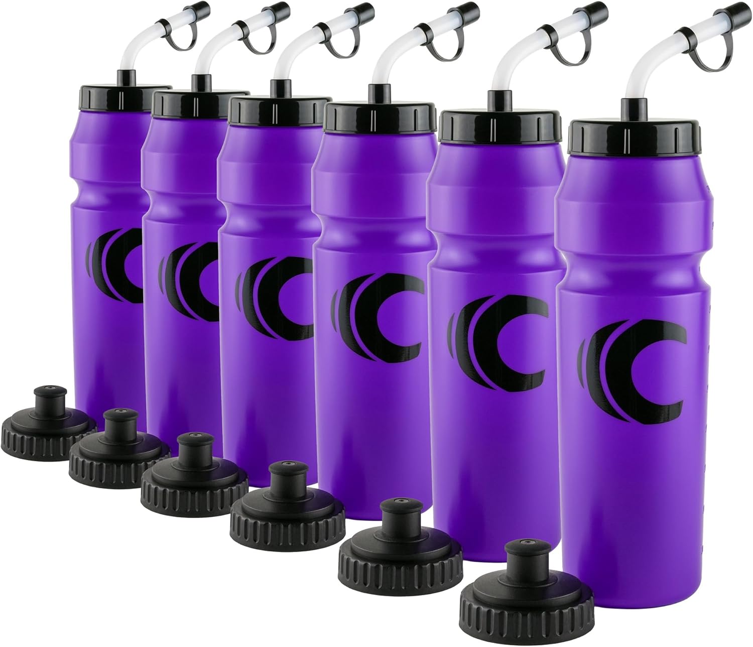 Cannon Sports 1 Liter Sports Water Bottle, BPA-Free, 34 Oz Capacity, Large Mouth, 2 lids (Straw and Squeeze), Great For Helmet Sports Such As Hockey, Lacrosse, Football, Boxing (6 Pack) (Purple)
