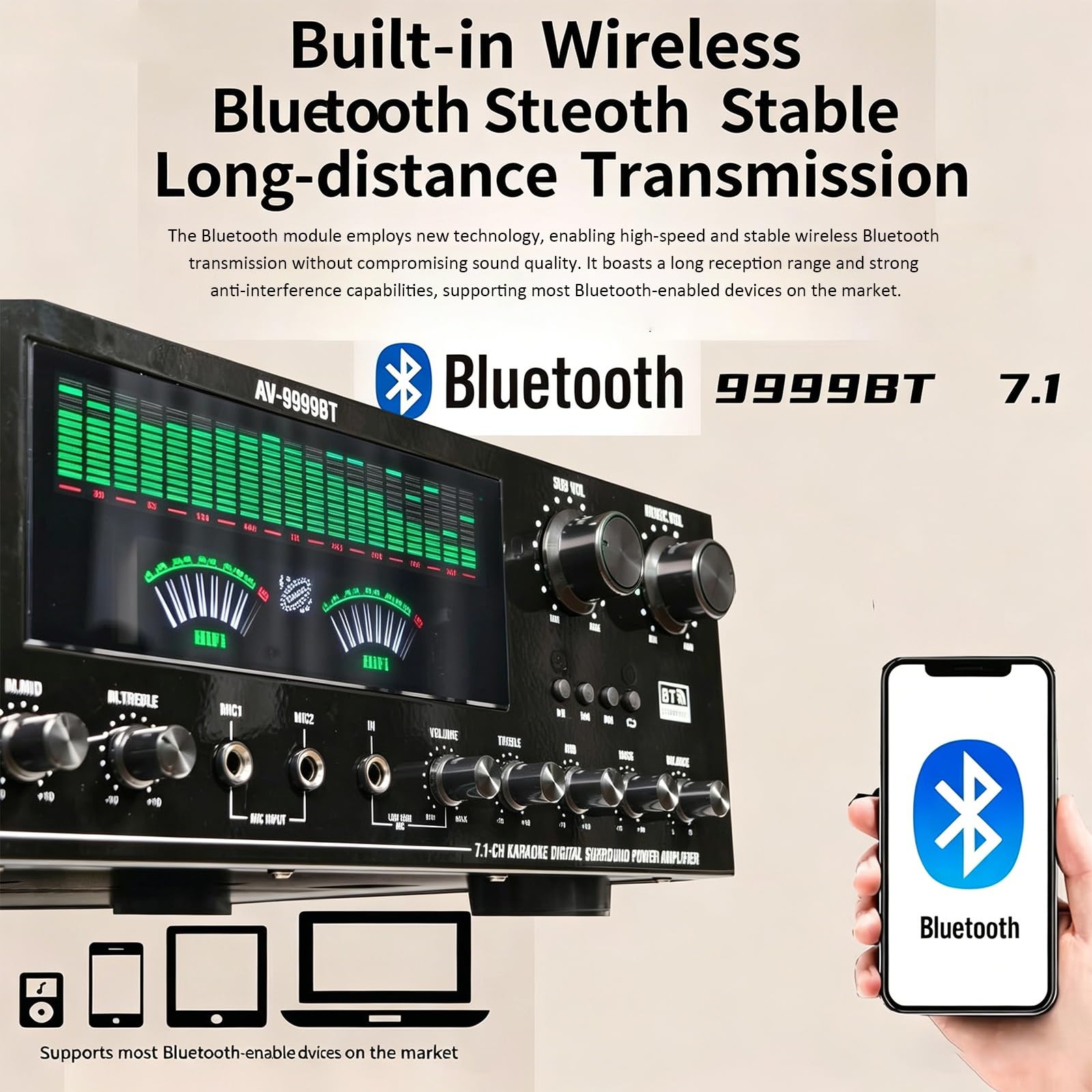 Wzmacniacz audio stereo 7.1, wzmacniacz Bluetooth 6.0 HiFi z podwójnym dynamicznym ekranem, obsługa wejścia DVD/CD/AUX, radio FM, regulacja głośności, do głośników domowych i karaoke
