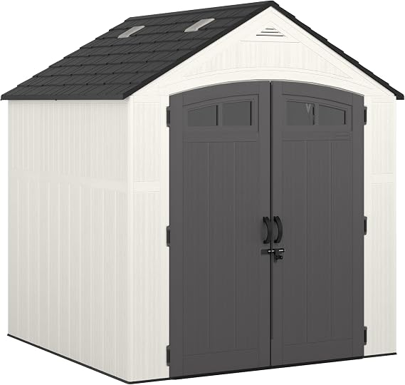 Suncast Ridgeland All-Weather Outdoor 7' x 7' Storage Shed with 327 cu. ft. Capacity, 2 Lockable Double Doors, Windows, Skylights, and Reinforced Resin Floor, Made in the USA