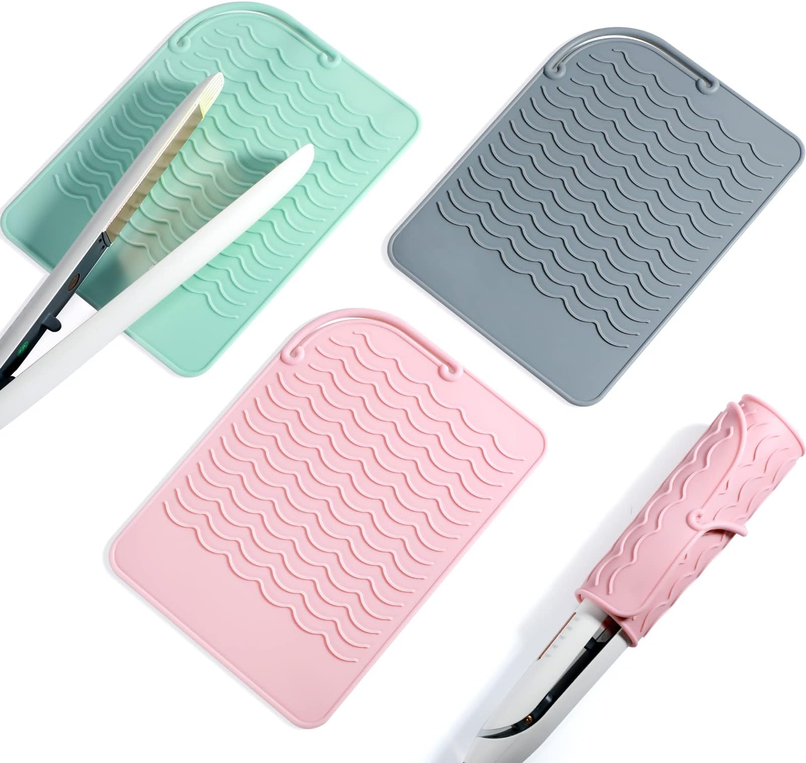 Zhehao3 Pcs Heat Resistant Straightener Pad Silicone Heat Resistant Mat Flat Iron Pad for Hair Tools Curling Iron Dryer Salon Tools Hair Styling Tools,8.6 x 6.2 Inch(Pink, Green, Gray)