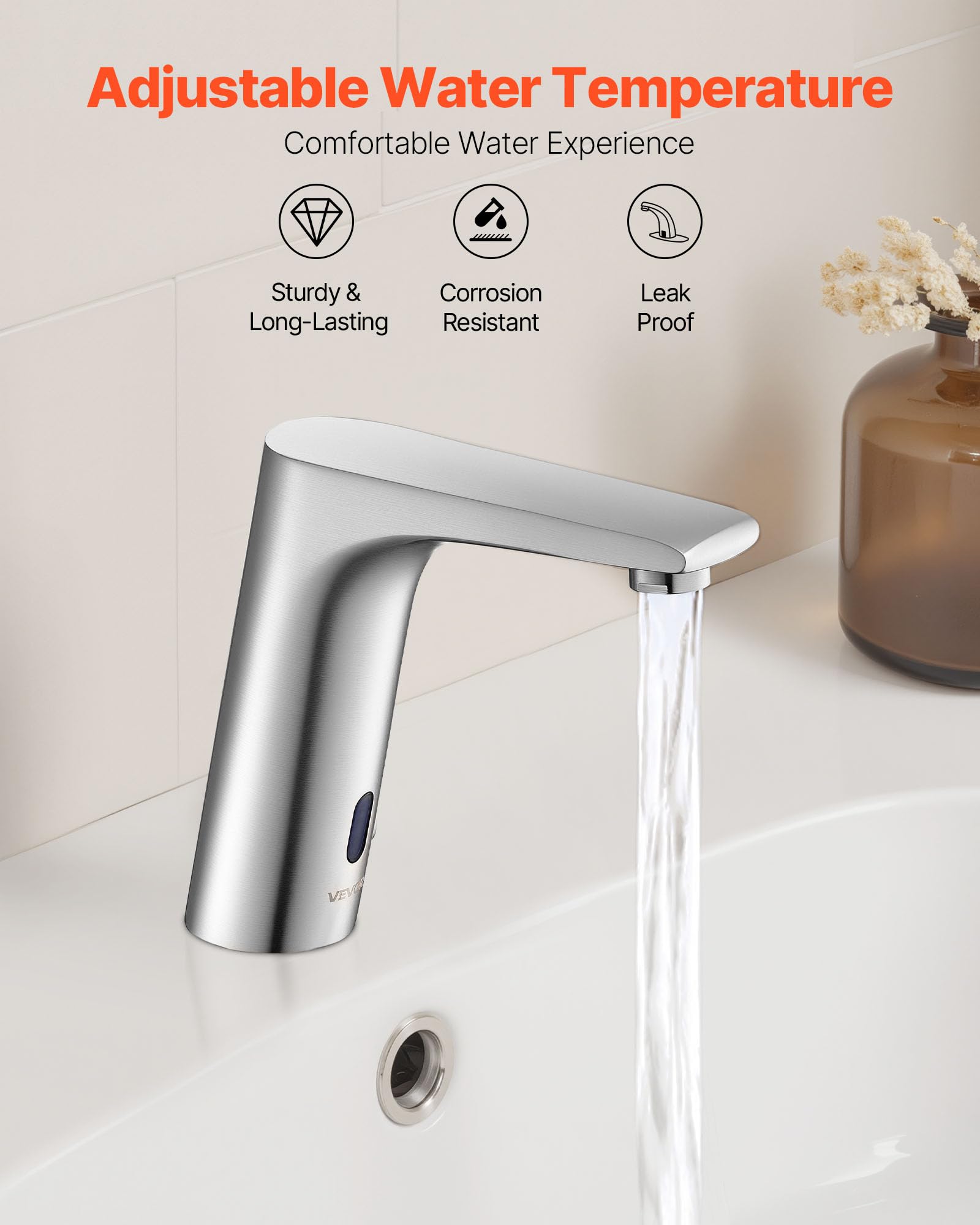 VEVOR Rubinetto per Lavabo Senza Contatto, Rubinetto Automatico con Sensore a Batteria, Miscelatore Maniglia Singola Regolabile a Mani Libere, Acqua Fredda e Calda, Argento Nichel Spazzolato