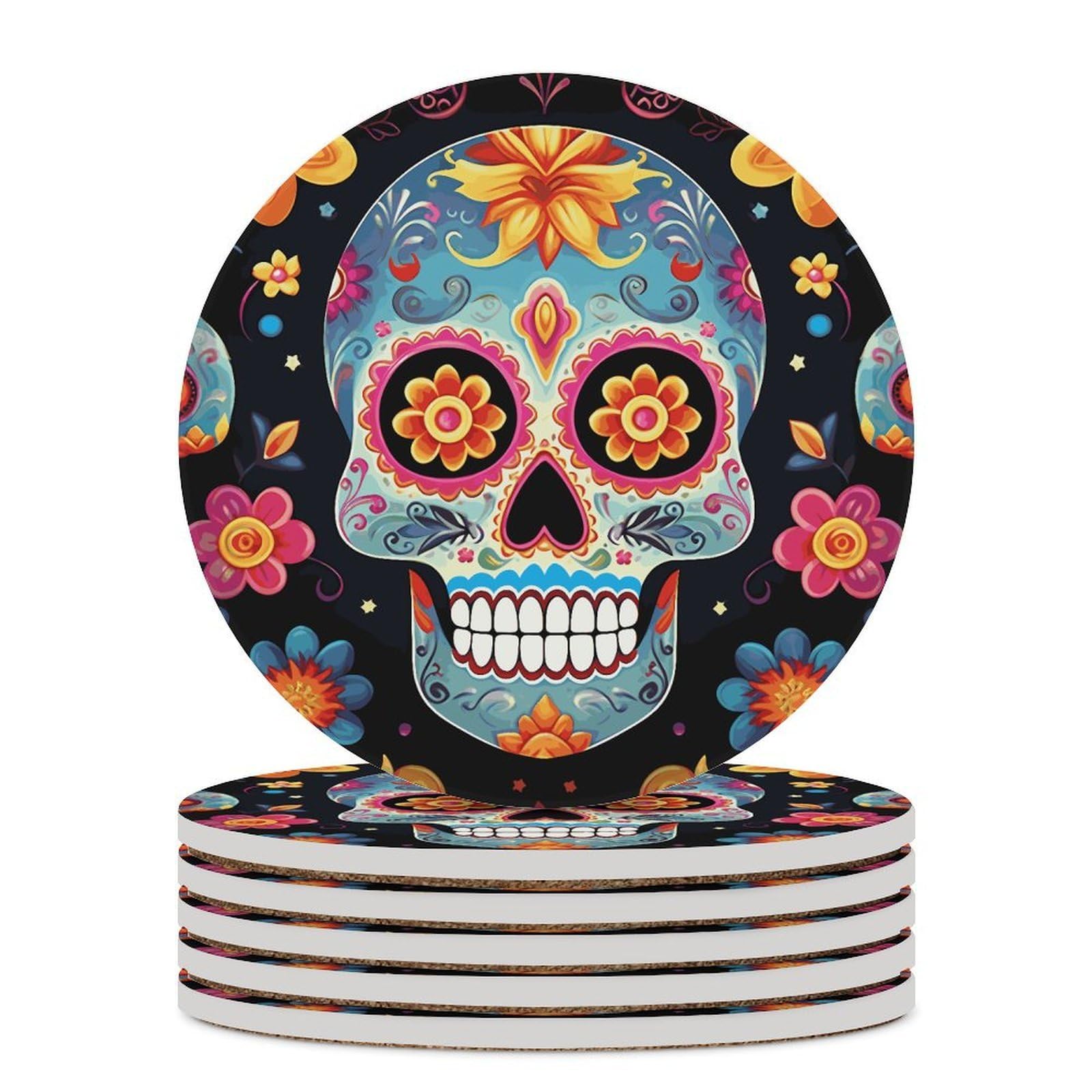 Sugar Skulls Coaster with Cork Base Drink Coasters for Coffee Table Decor Modern Cup Coasters with Non-Slip & Heat-Resistant Cute Ceramic Table Coaster for Home Dining