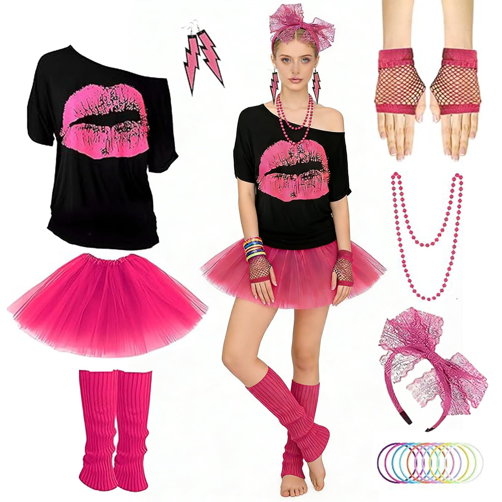 80s and 90s Costume for Women, 80s Women's Costume, T-Shirt, Tutu, Headband, Earrings, Grid, Gloves, Bracelets, Necklaces, Party Sets for Carnival and Masquerade