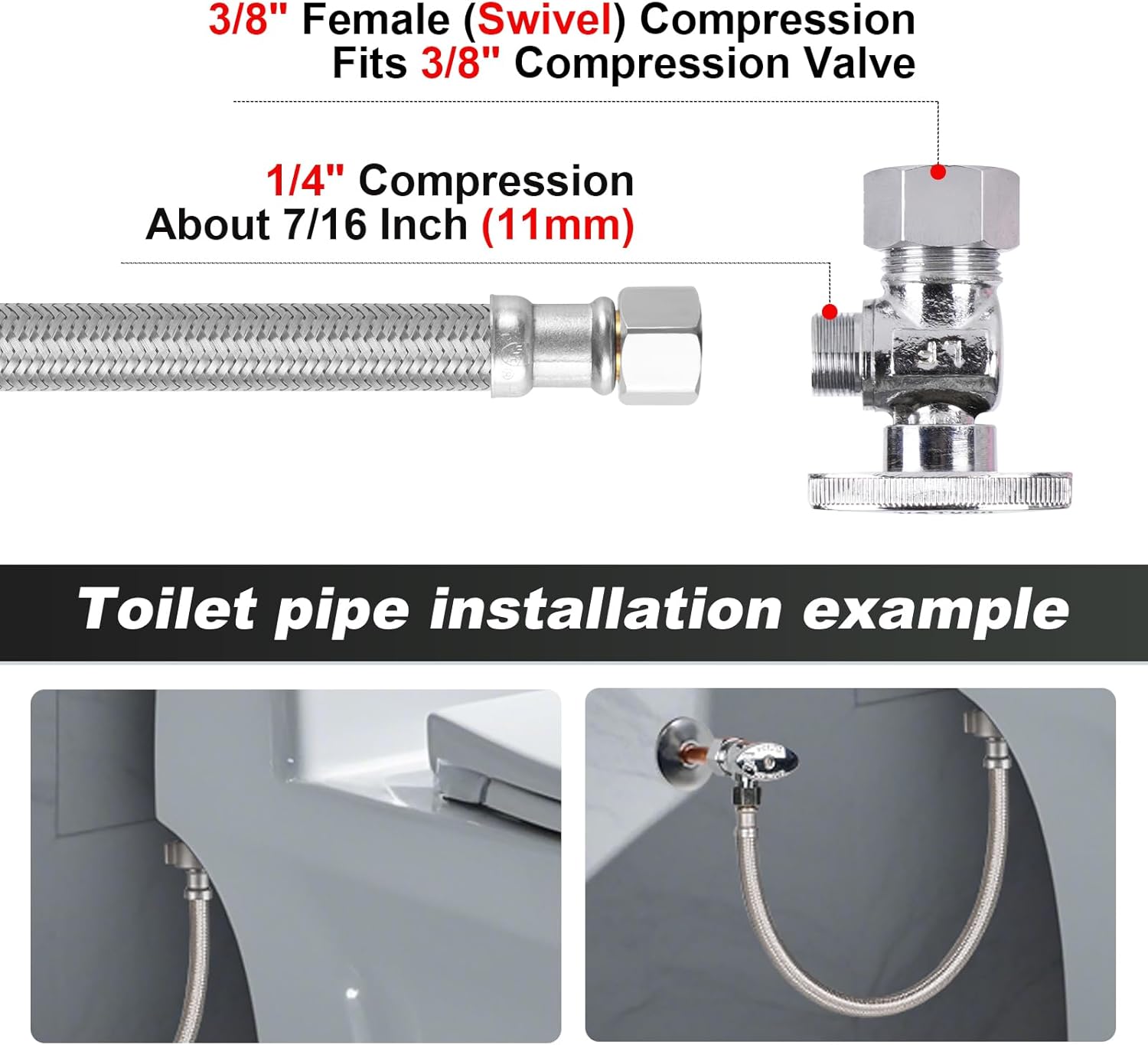 Toilet hose,16Inch 6PACK Toilet Water Supply Line,Braided Stainless Steel ⅞" Ballcock by ⅜ " Compression