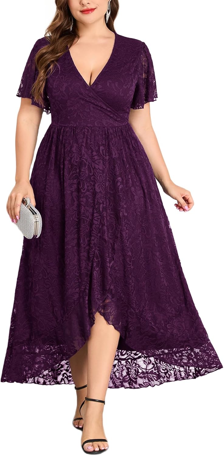 ZOMVA Plus Size Floral Lace Dress Wrap V Neck High Low Ruffle Sleeve Evening Gown Formal Dresses Wedding Guests Cocktail