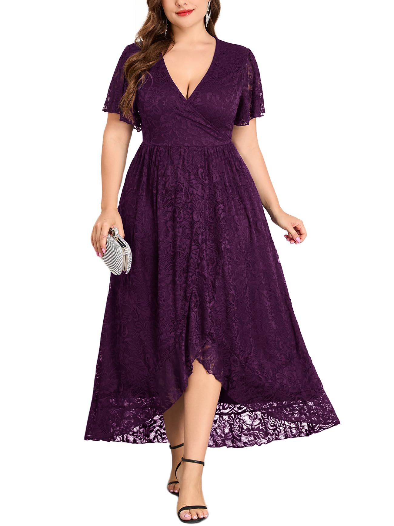 Photo 1 of ZOMVA Plus Size Floral Lace Dress Wrap V Neck High Low Ruffle Sleeve Evening Gown Formal Dresses Wedding Guests Cocktail, Dark Purple, 3X