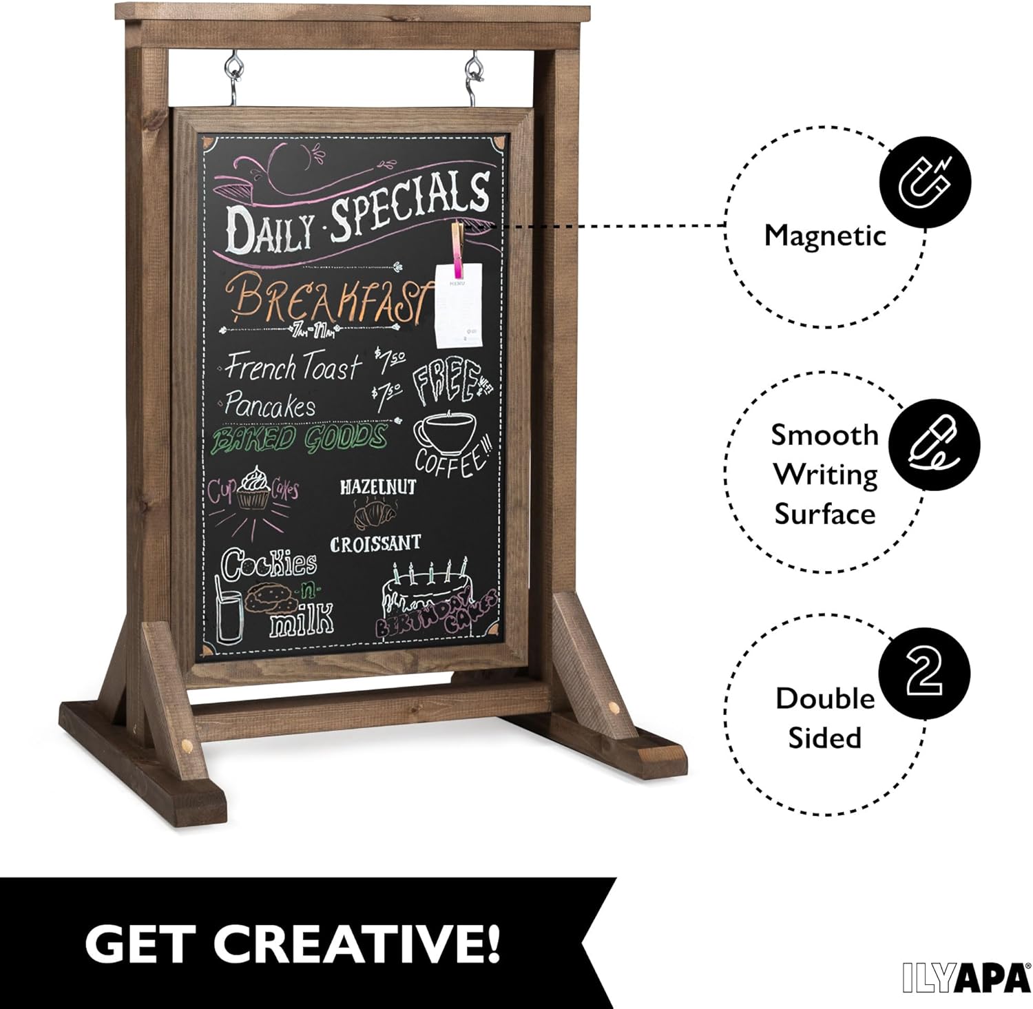 Ilyapa Rustic Double Sided Swinging Chalkboard Sidewalk Sign - Barnwood Magnetic A Frame Alternative Menu Board, Modern Vintage for Restaurants