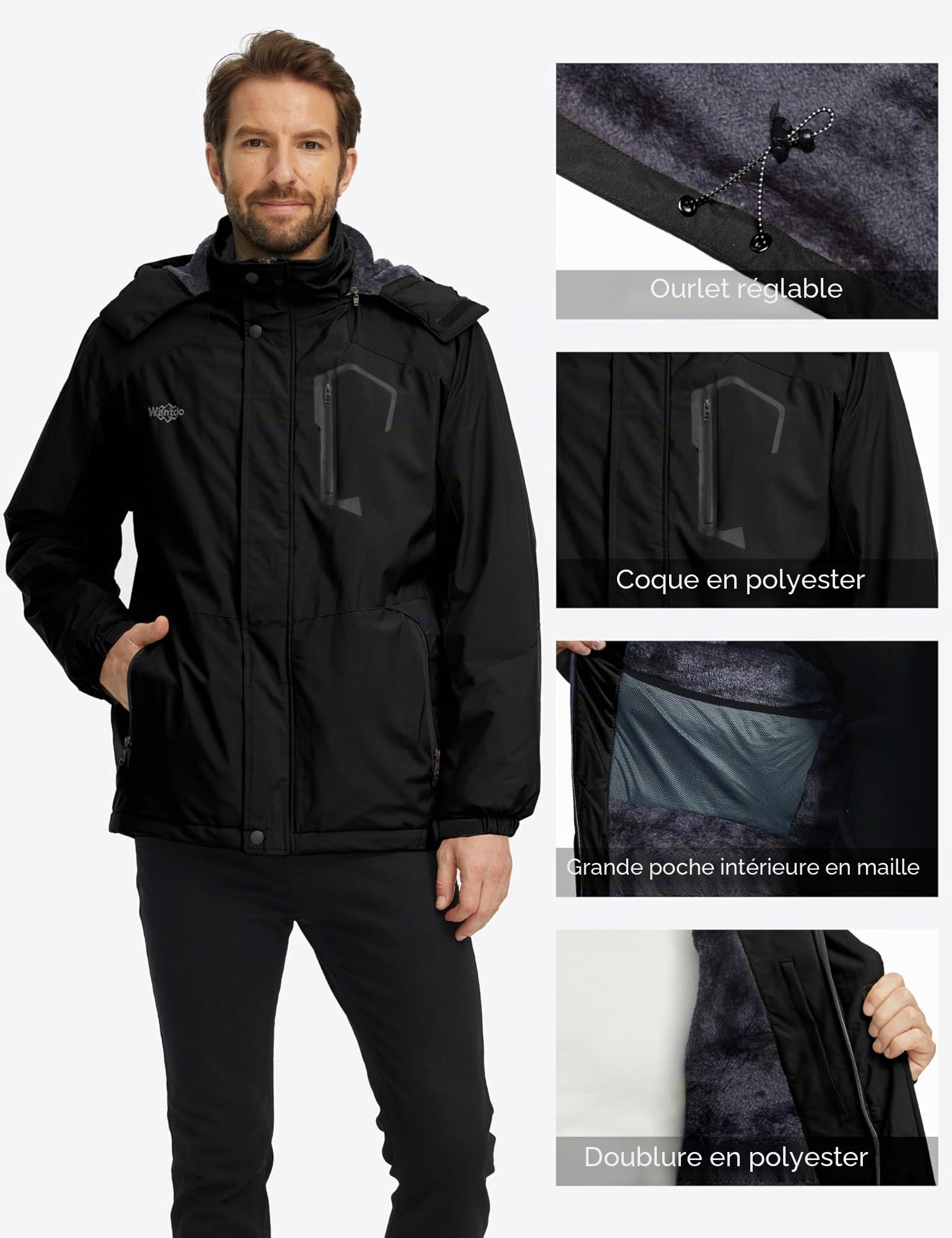 Wantdo Homme Veste de Ski Montagne Outdoor Manteau d'hiver Chaud avec Capuche Amovible Veste Imperméable Coupe-Vent Veste Randonnée pour Voyage