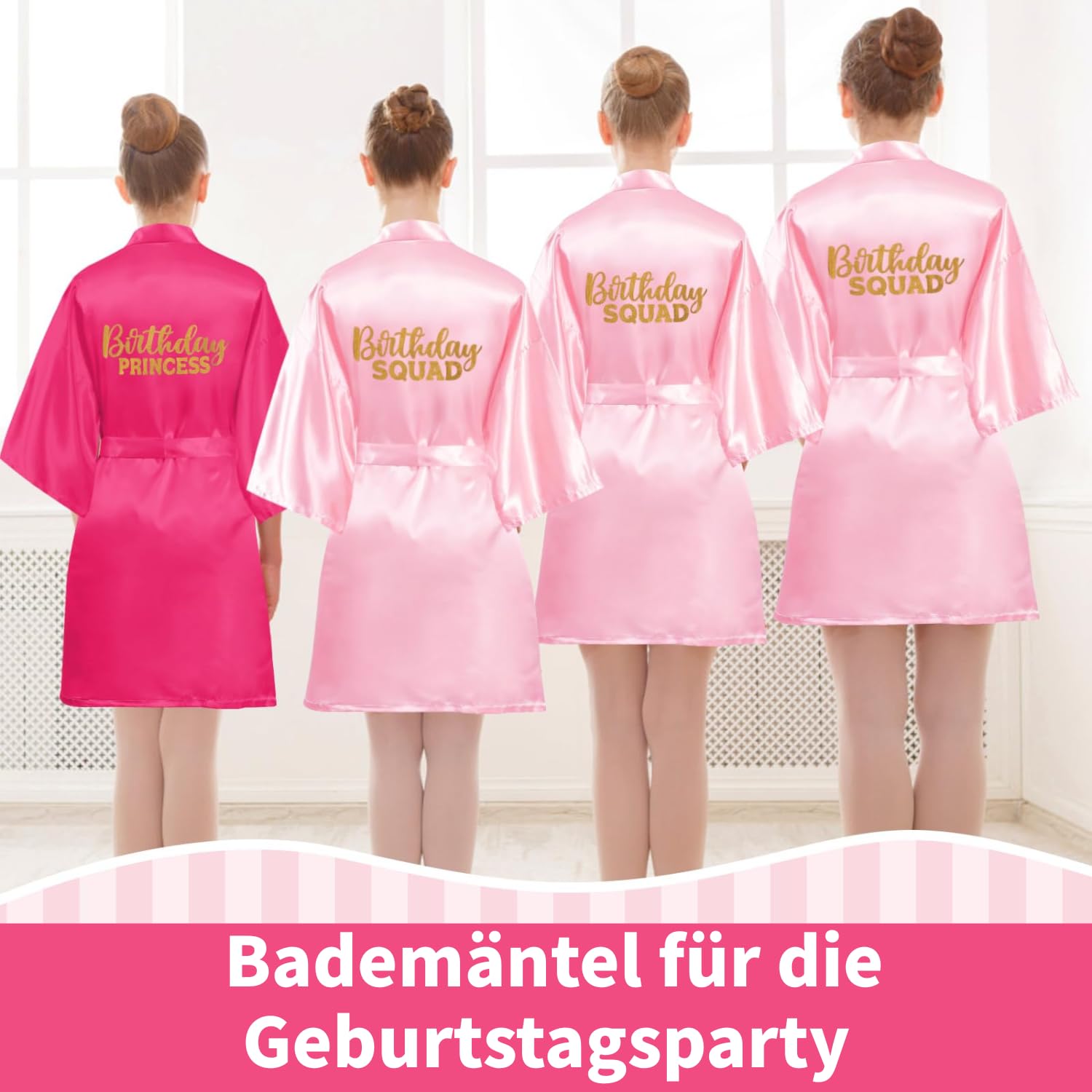 10 Stück Geburtstags-Roben-Set für Mädchen – Satin-Kimono mit Birthday Princess & Birthday Squad + 10 Stirnbänder + 10 Schlafmasken + 10 Geschenkbeutel – Größe 14