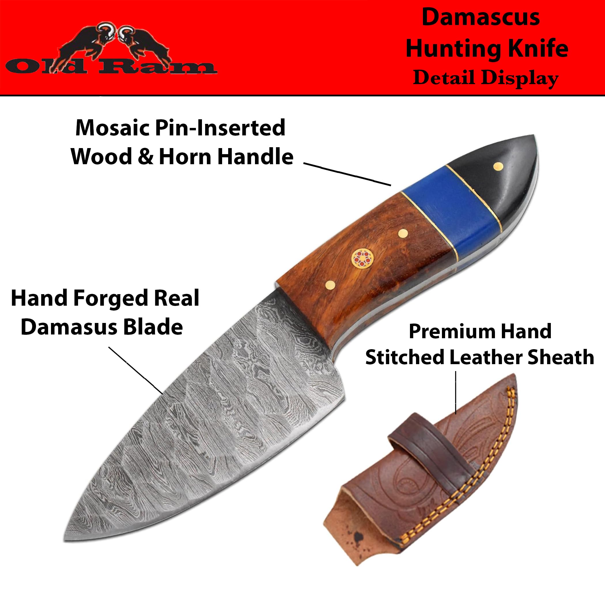 Old Ram Handmade Real-Damascus Steel Fixed-Blade Hunting Skining Knife (511)