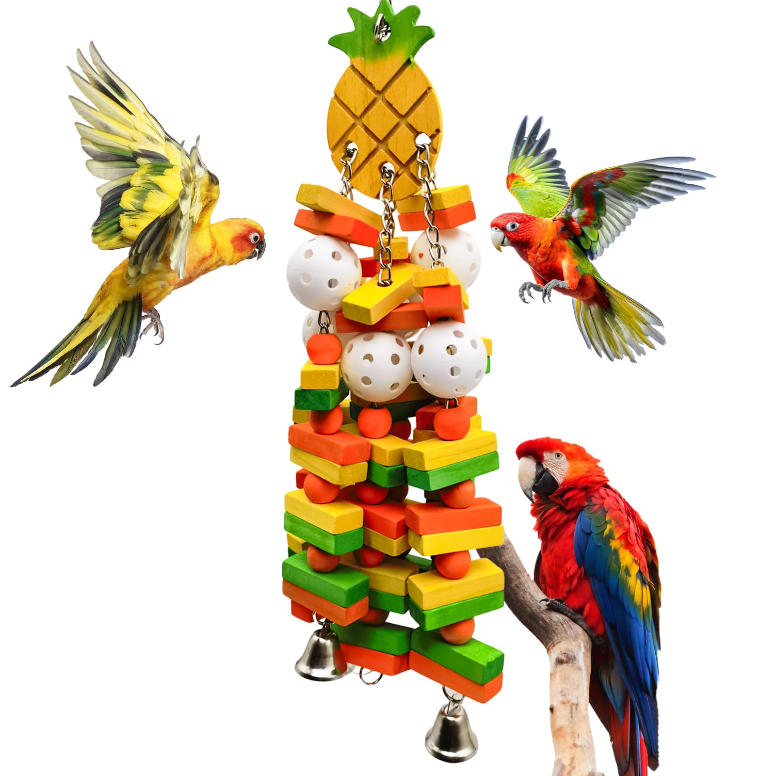 unimaxlink 18 inches Interactive Bird Toys for Large Parrots, Cockatoos, Cockatiels, and Parakeets Natural Wooden Bird Chewing Toys