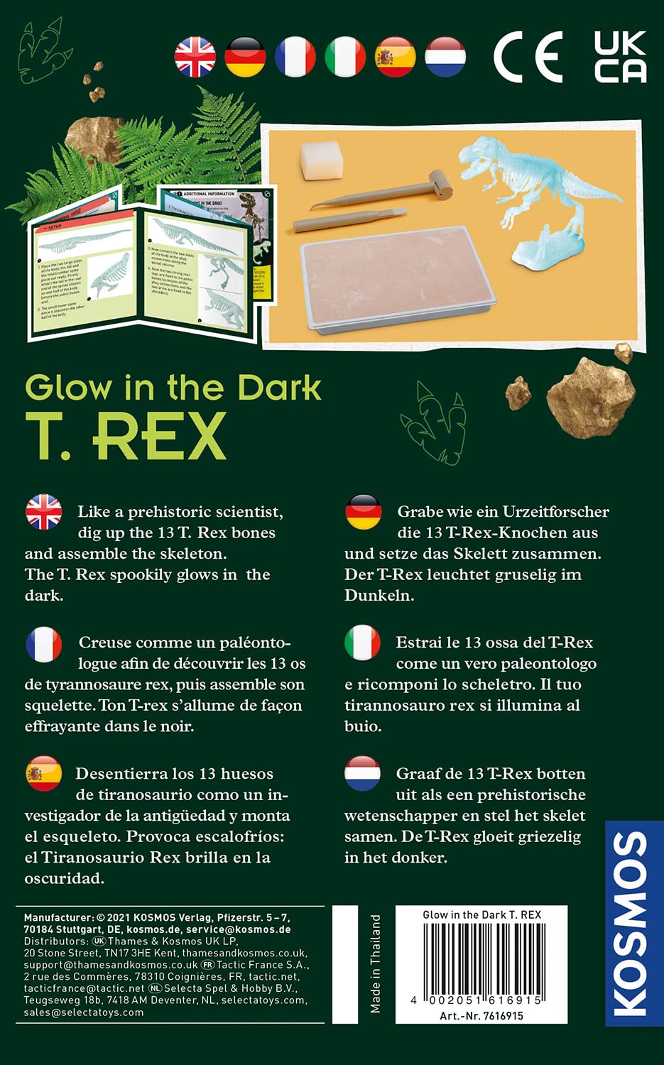 Kosmos 616915 T-Rex fosforescente, set di scavo, scheletro di dinosauro, scatola per esperimenti per bambini dai 7 anni, regalo di compleanno, istruzioni multilingue