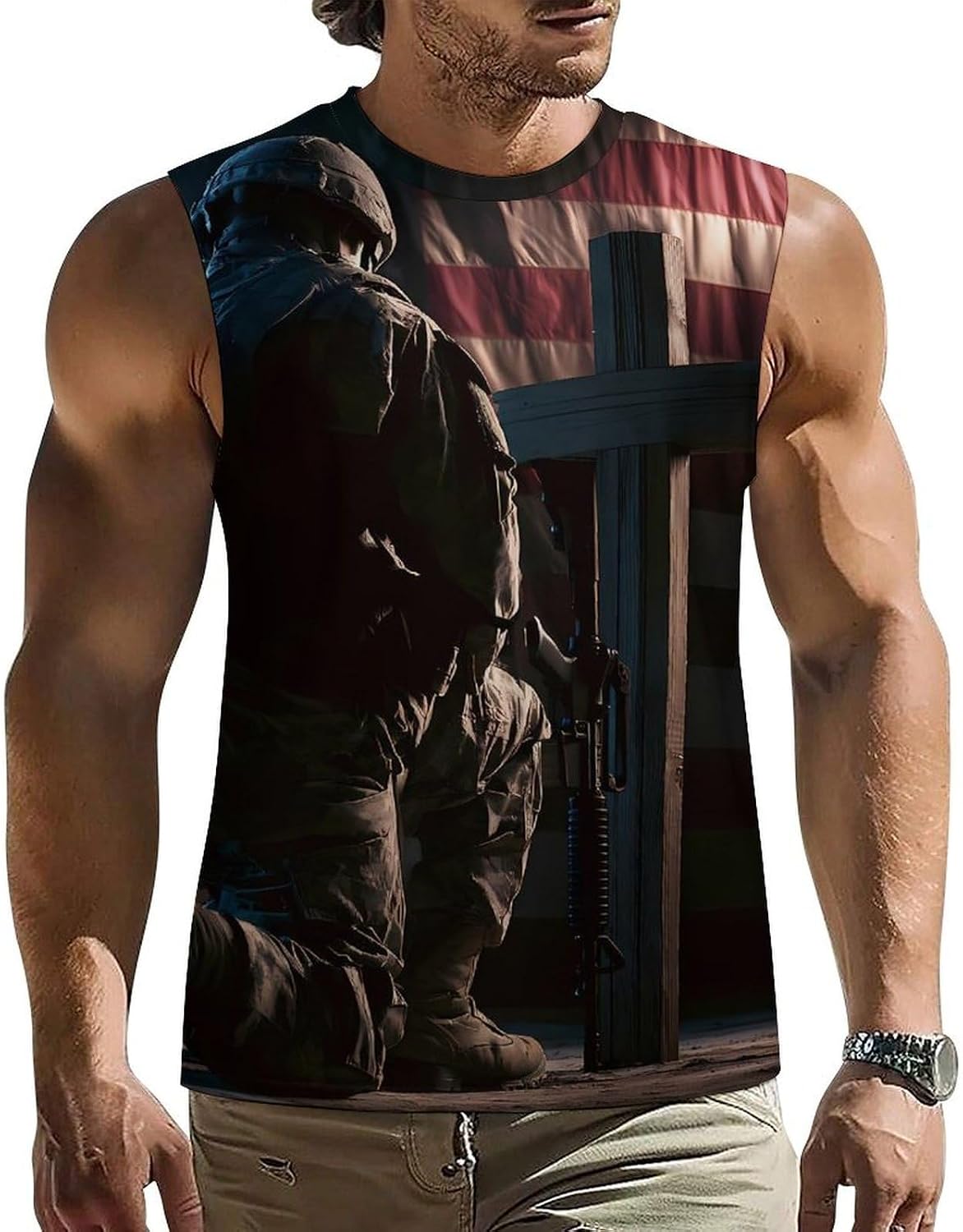 Soldier Cross U.S. Flag Men Summer Sleeveless Crew Neck Top 5XL