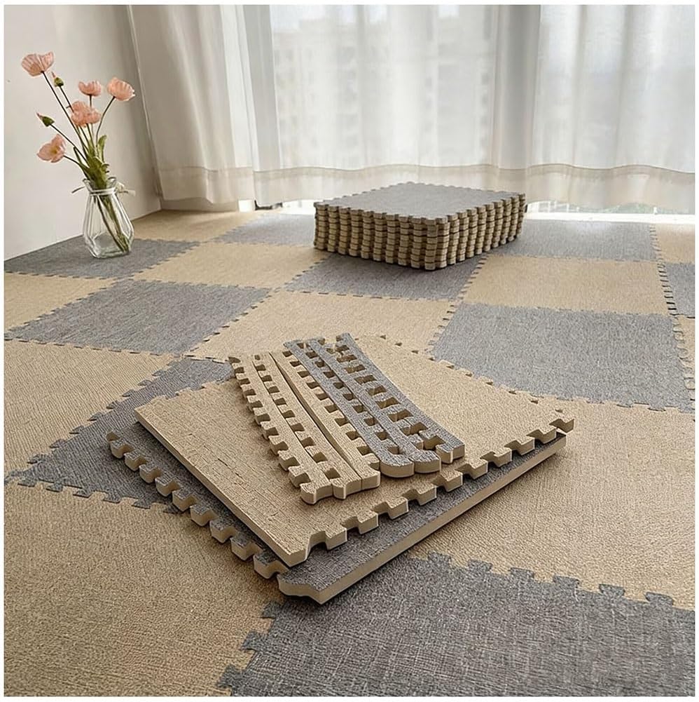 10 Pcs Interlocking Floor Tiles Cotton Jute Surface Floor Mat Non Slip Mat Square Carpet Soft Climbing Area Rugs for Living Room Bedroom Studio(Dark Gray+Light Brown,40pcs)