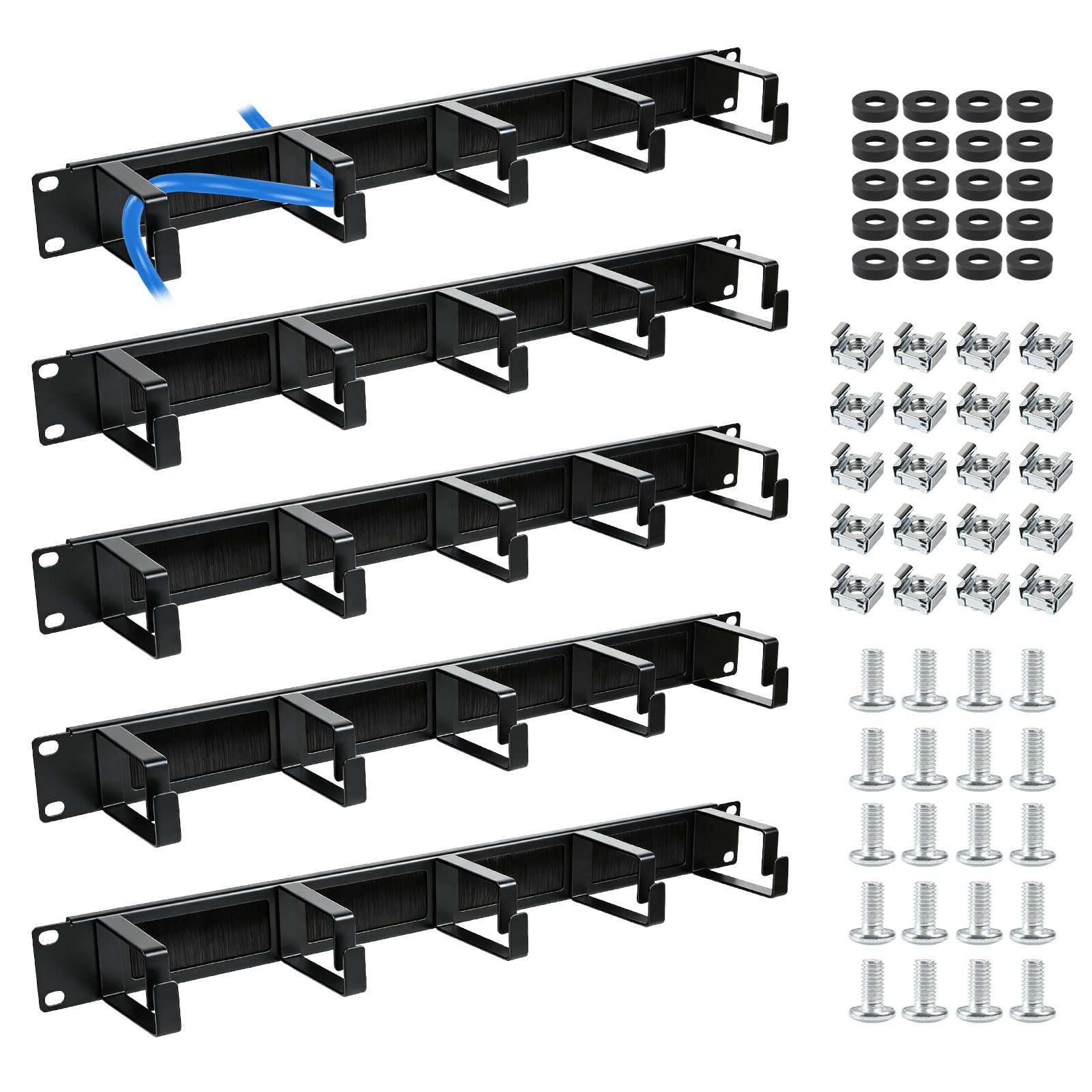 EFUTURETIME 5×19" Panneau Passe-câble avec Brosse 1U, 5 Étriers De Guidage | Panneau de Rangement de Câbles, Armoires Réseau, Rack Serveur, Crochets en D, M6 Écrous à Cage, M6 Vis, 482×45×82mm