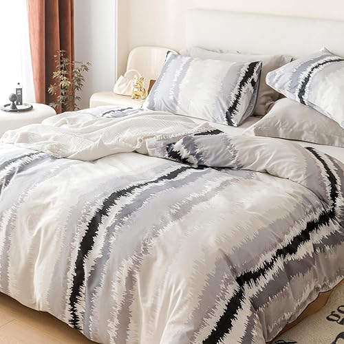 YuHeGuoJi Juego de funda de edredón abstracta degradada, tamaño Queen, 100% algodón, funda de edredón geométrica blanca moderna, juego de 3 piezas,