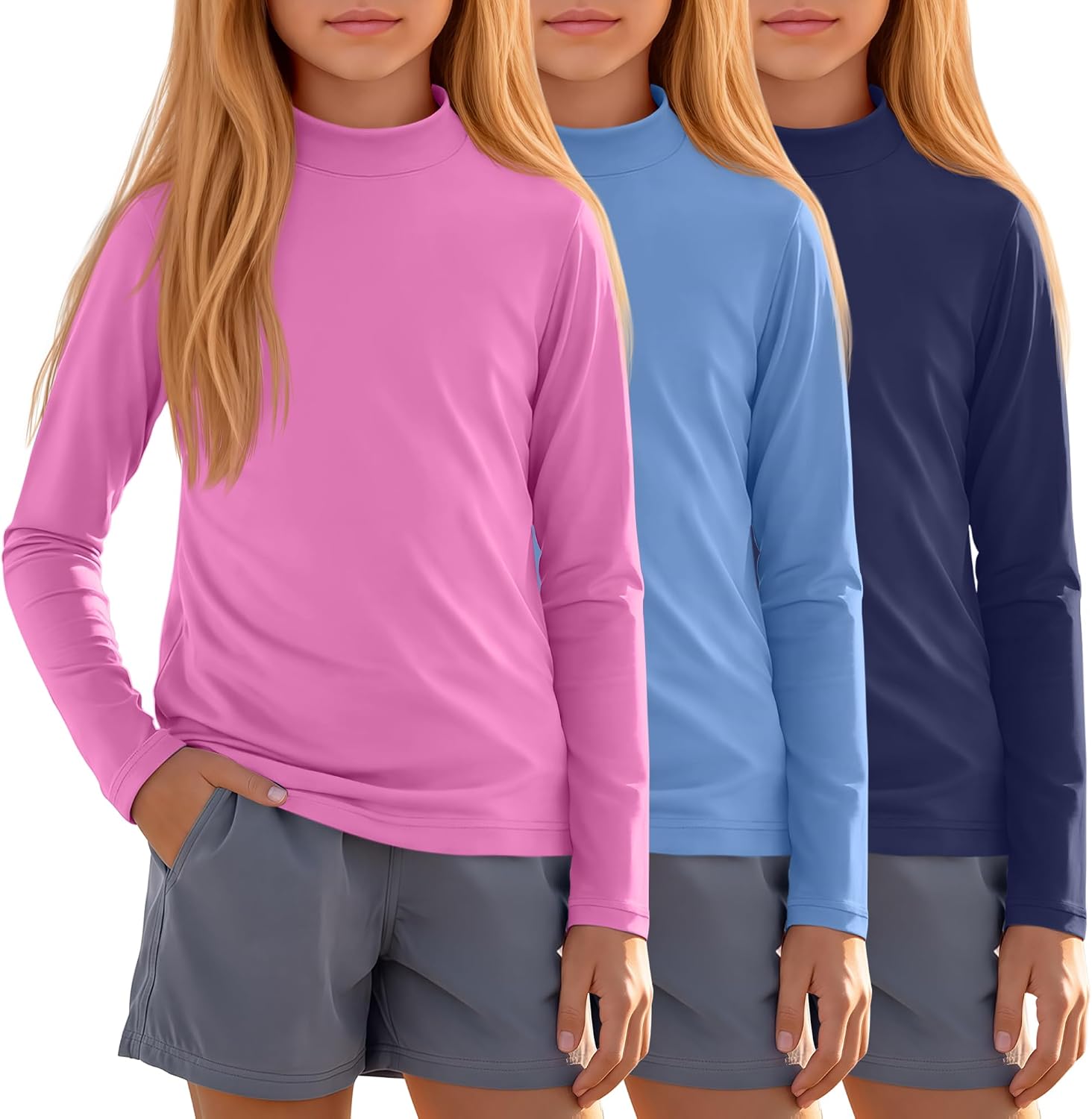 Xaatren 3 Pack Girls Rash Guards Swim Shirts Kids Long Sleeve Sun Protection Tops UPF 50+ Mock Neck Swimwear 5-14 Years