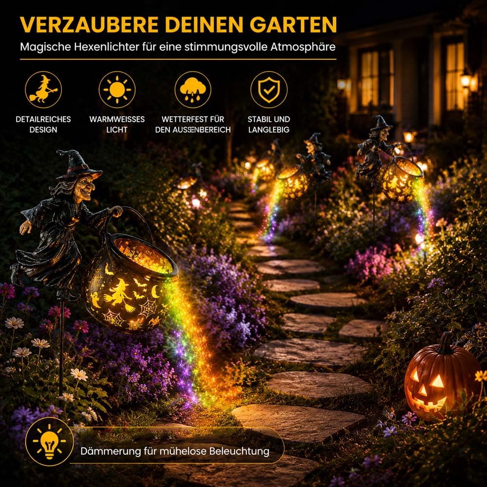 Leuchtender Halloween-Hexenkessel Mit Hexe, Wasserfall-Stil Verzauberter Hexenkessel Gartendekoration,Wasserdichte HäNgende Laterne,FüR Hof Rasen Veranda Party Dekor (1PC)