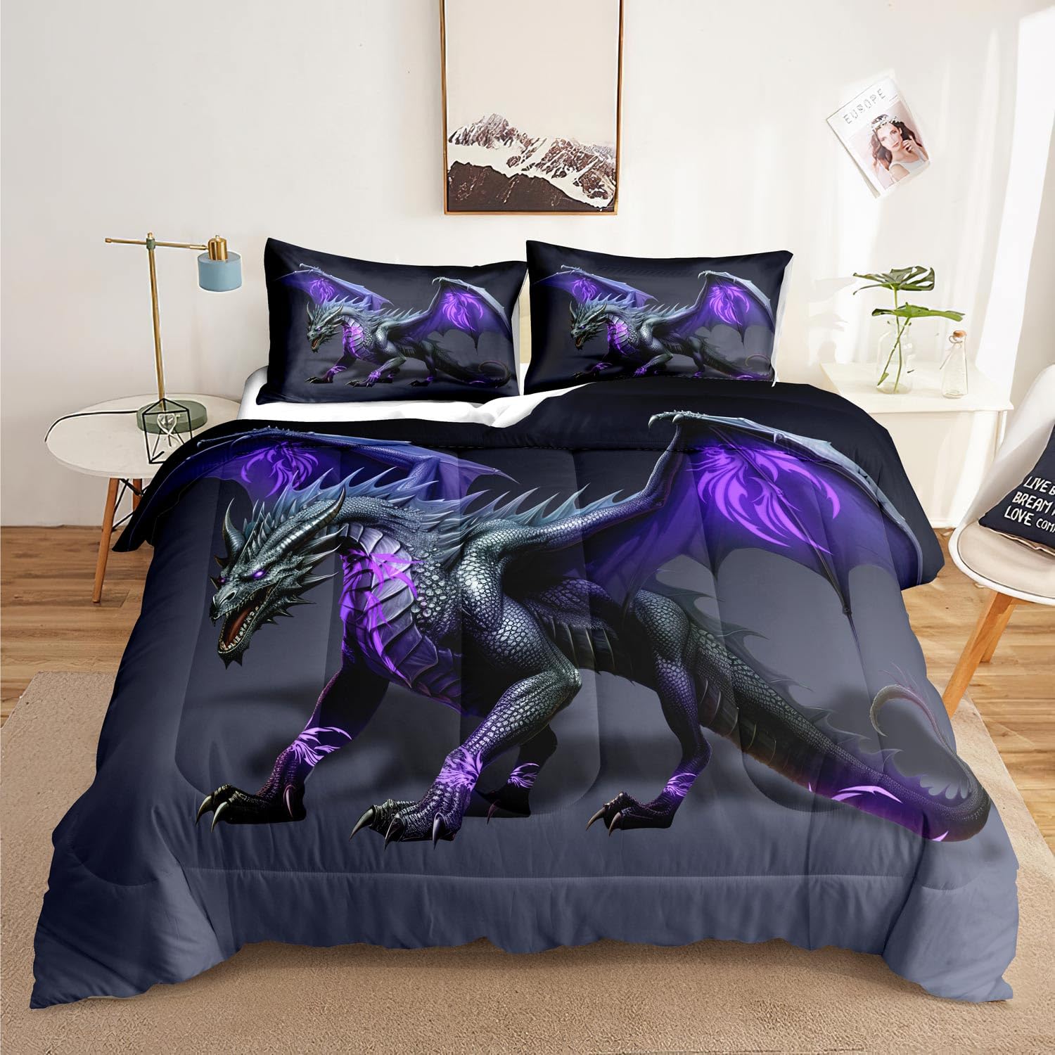 Western Magic Dragon Duvet Cover Set - Moon Star Boho Bedding With Gothic Dragon Design For Kids' Rooms