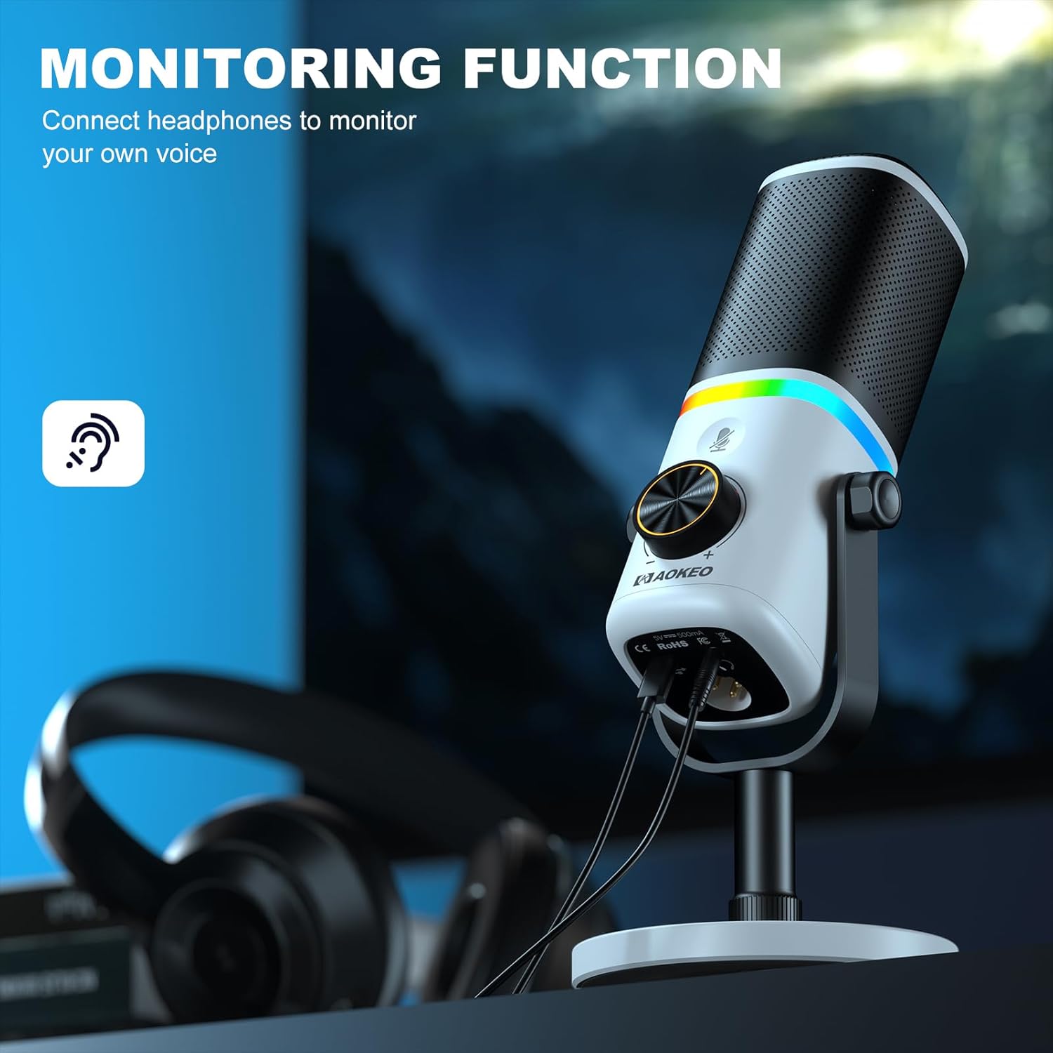 Aokeo Microphone for PC, AK-10 USB/XLR Dynamic Desktop Microphone for Gaming,Podcast,Streaming with RGB Light,Volume Control,Mute Button,Noise Reduction(White)