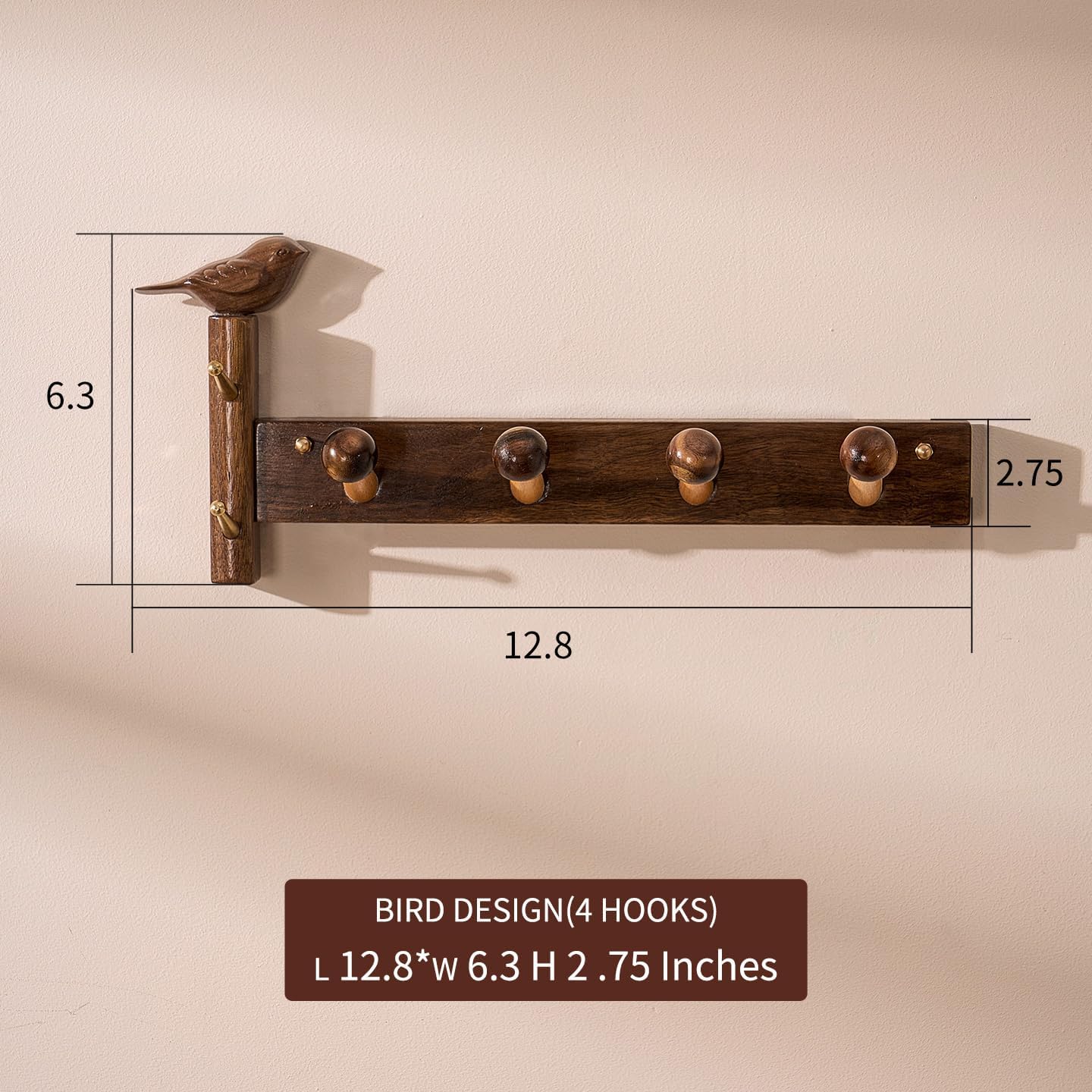 Coat rack made of beech and walnut wood for hanging clothes, keys, towels and hats. Coat hooks designed in the shape of carved birds and mushrooms12.8x6.3x2.75 Inches, With Mounting Hardware (4 hooks)