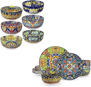 SIMI Cereal Bowls Set of 6 Bundle 12 Pieces Dinnerware Sets, Plates and Bowls Set, Porcelain Dishes Set for 4, Microwave and Dishwasher Safe, Scratch Resistant, Bohemian Style Dining