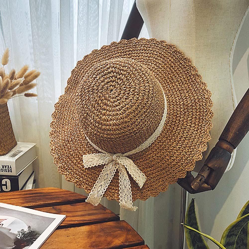 Straw Sun Hat Summer UV Protection Beach Hat Wide Brim Floppy Lace Bowknot Foldable Travel Sun Hat for Women Girls