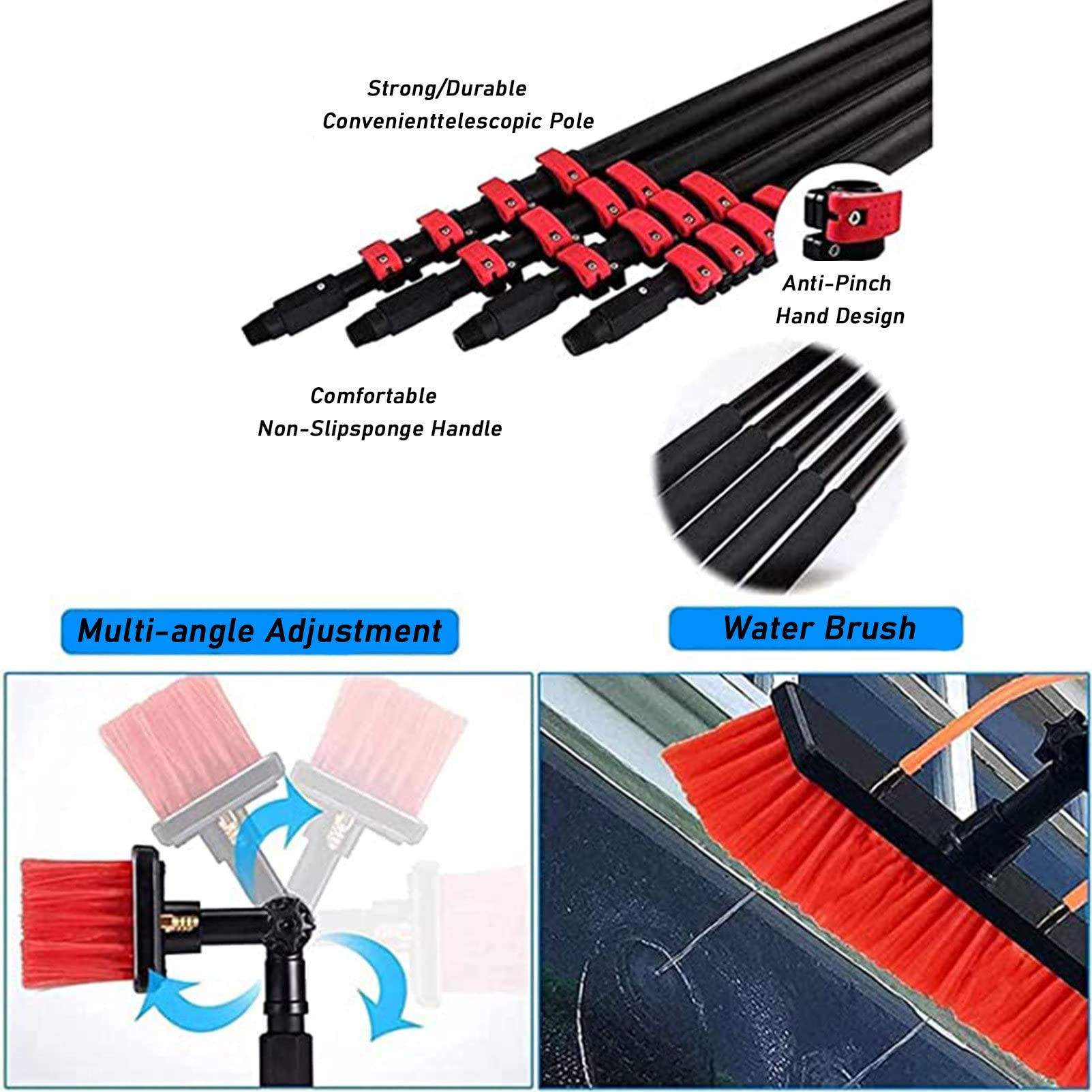 Kit per la Pulizia di Pannelli solari - Spazzola telescopica ad Acqua da 3-12 m con Raschietto e Asta di prolunga, Ideale per fotovoltaici, Camion e finestre, Testina della Spazzola da 30 cm