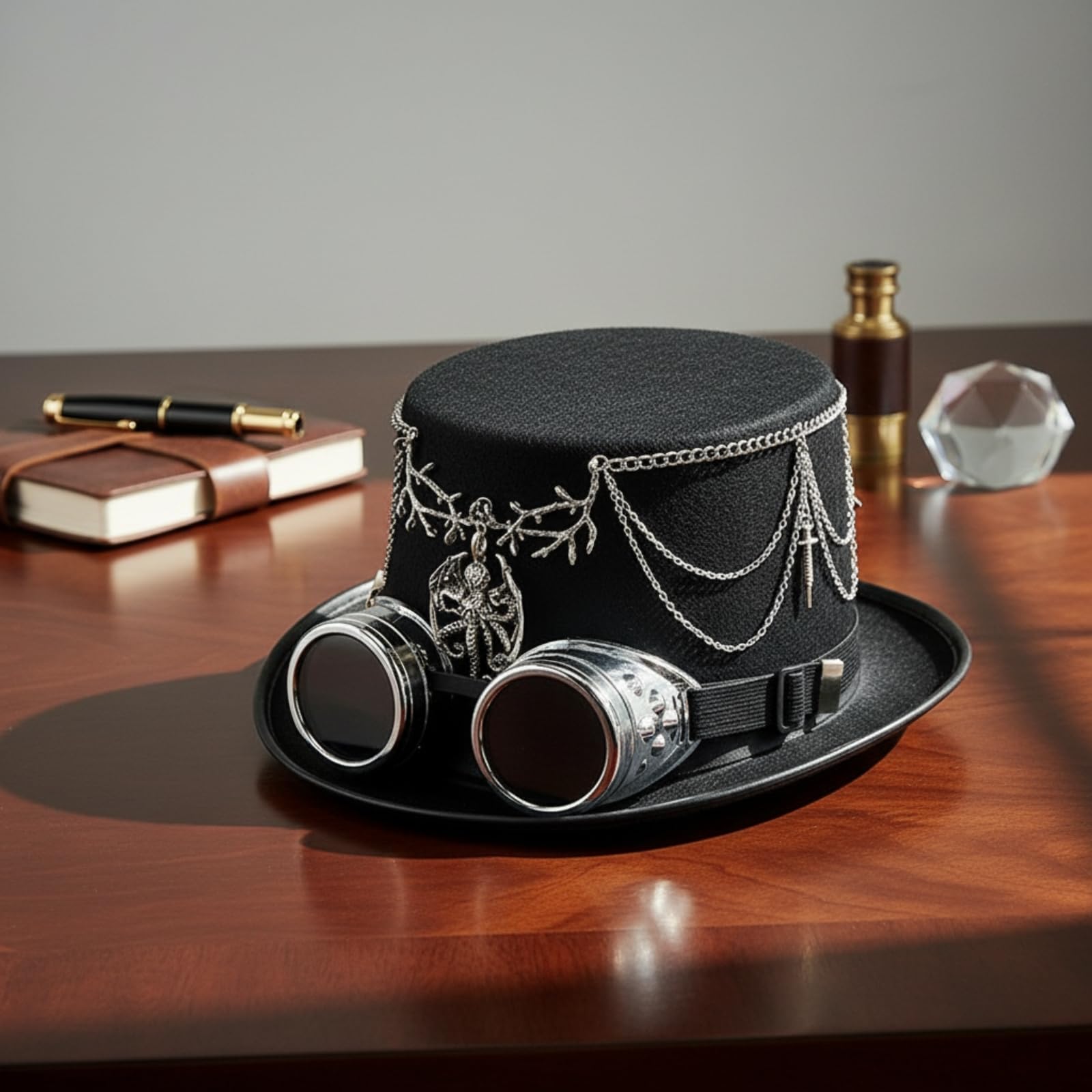 Steampunk Hat Cappello Cilindro Elegante Cappello Ampia Cappello con Occhiali Tondi Cappello Gotico in Lana E Feltro con Catene Argentate E Dettagli a