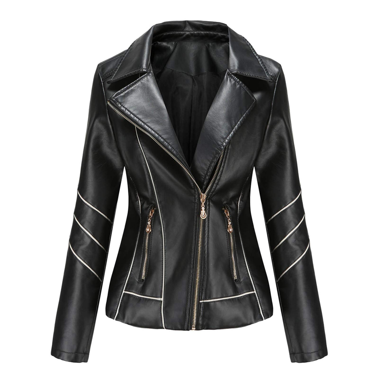 Lederjacke Damen Schwarz ,Bikerjacke Damen Kunstleder, Kunstlederjacke Damen Herbst Revers Motorradjacke mit Reißverschluss Ledermantel Langarm Bekleidung Slim Moto Biker Mantel Jacken Outdoorjacke