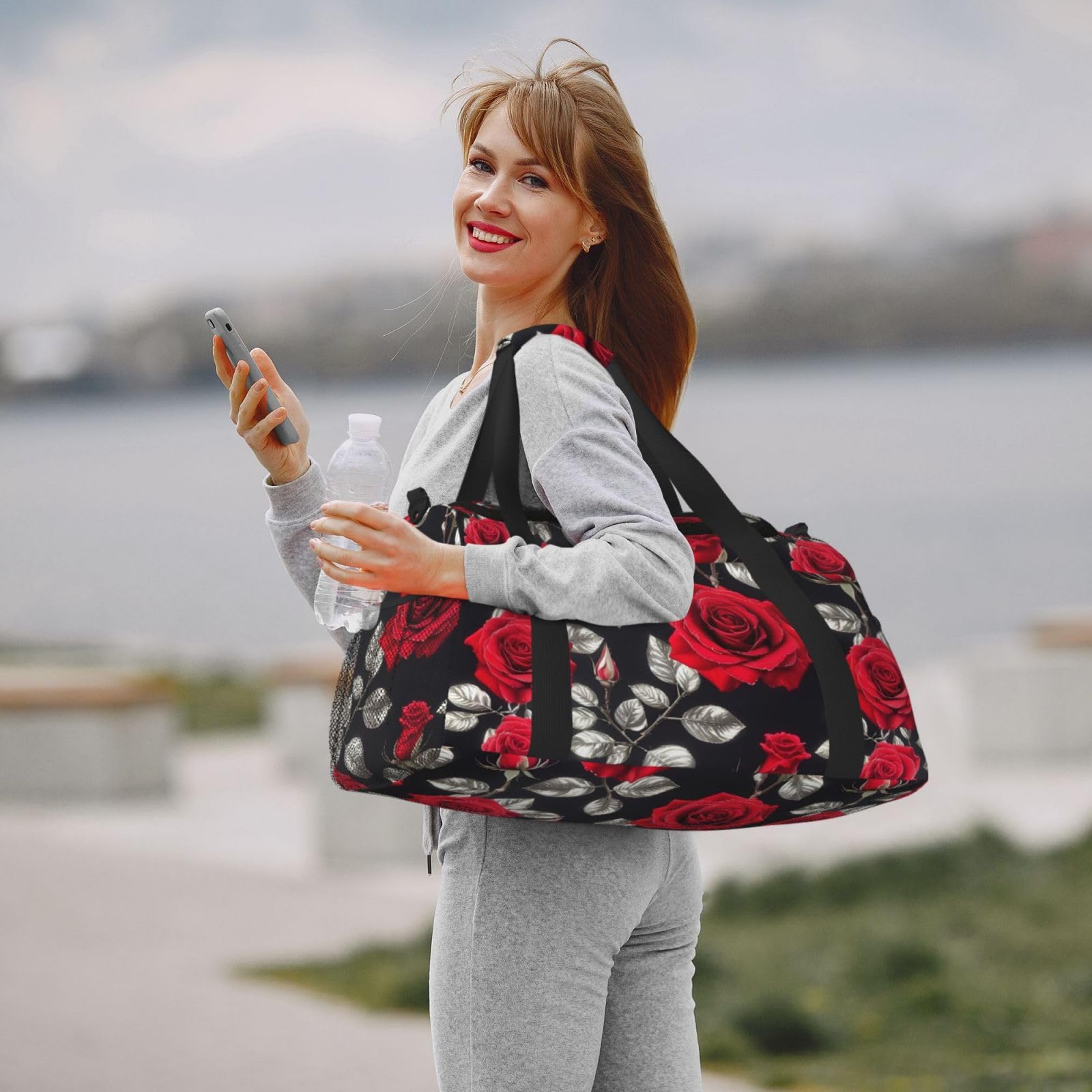 Red Rose Garden - Bolsa de viaje con cremalleras y asas, bolsa de lona plegable grande para vacaciones familiares, Black, Talla única