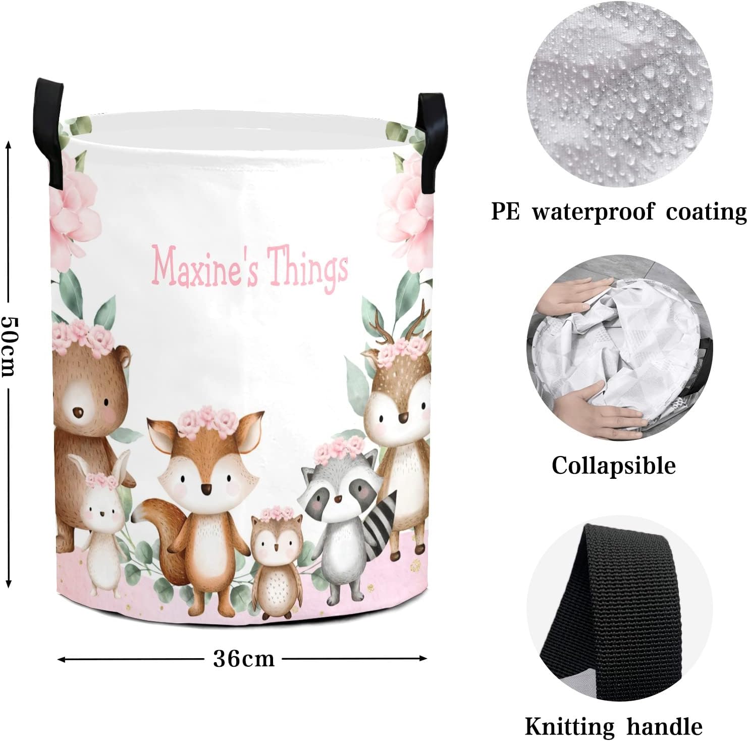 Personalized Laundry Basket, Woodland Animals Pink Floral Custom Storage Bins Laundry Hamper with Name Collapsible Toys Organizer