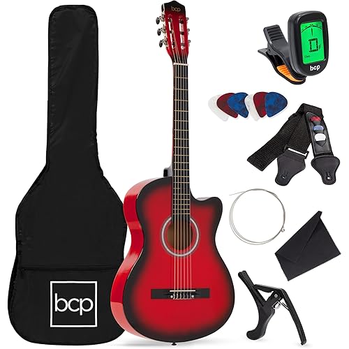 Best Choice Products Beginner Acoustic Guitar Starter Set 38in w/Case, All Wood Cutaway Design, Strap, Picks, Tuner - Redburst