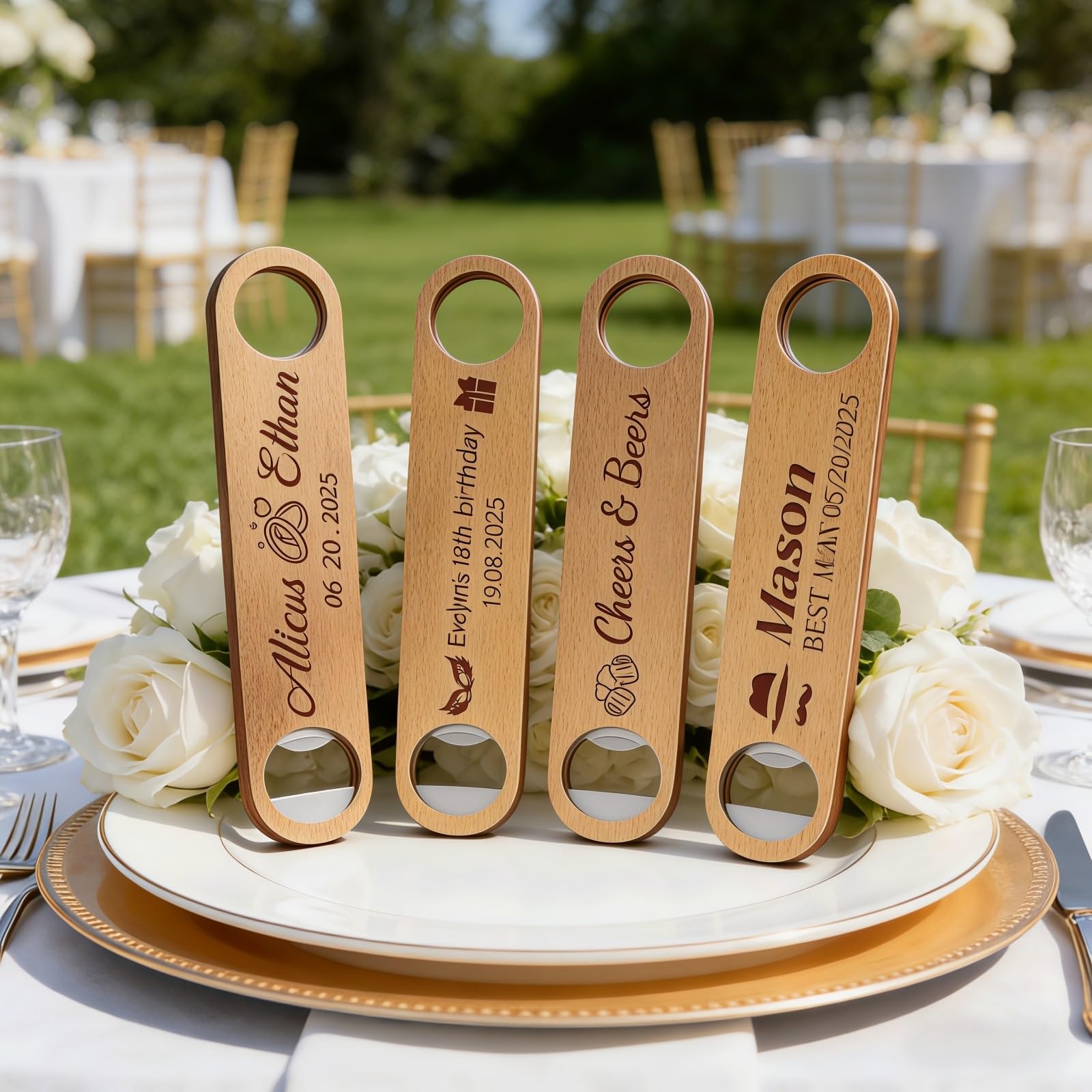 Abridor De Botellas De Cerveza De Madera Personalizado, Abridor De Botellas Con Nombre Grabado Personalizada, Accesorios De Bar Y Restaurante, Favor De Boda De Padrinos De Boda(10pcs)