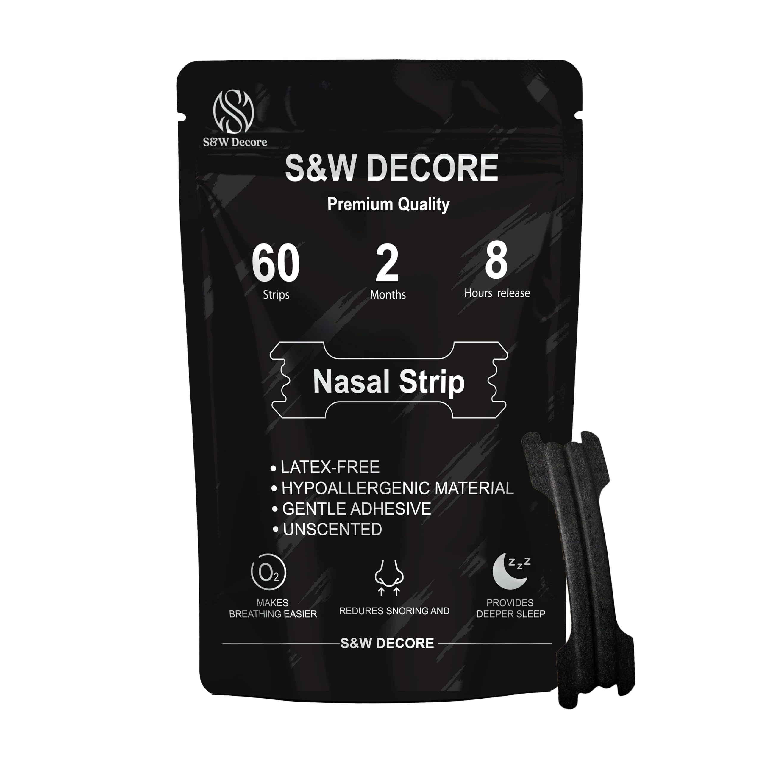 Nasal Strips for Breathing &amp; Snoring Relief – Black Nose Strips 66×19 mm, Latex-Free, Hypoallergenic, Gentle Adhesive, Nighttime Sleep Support, 60 Count