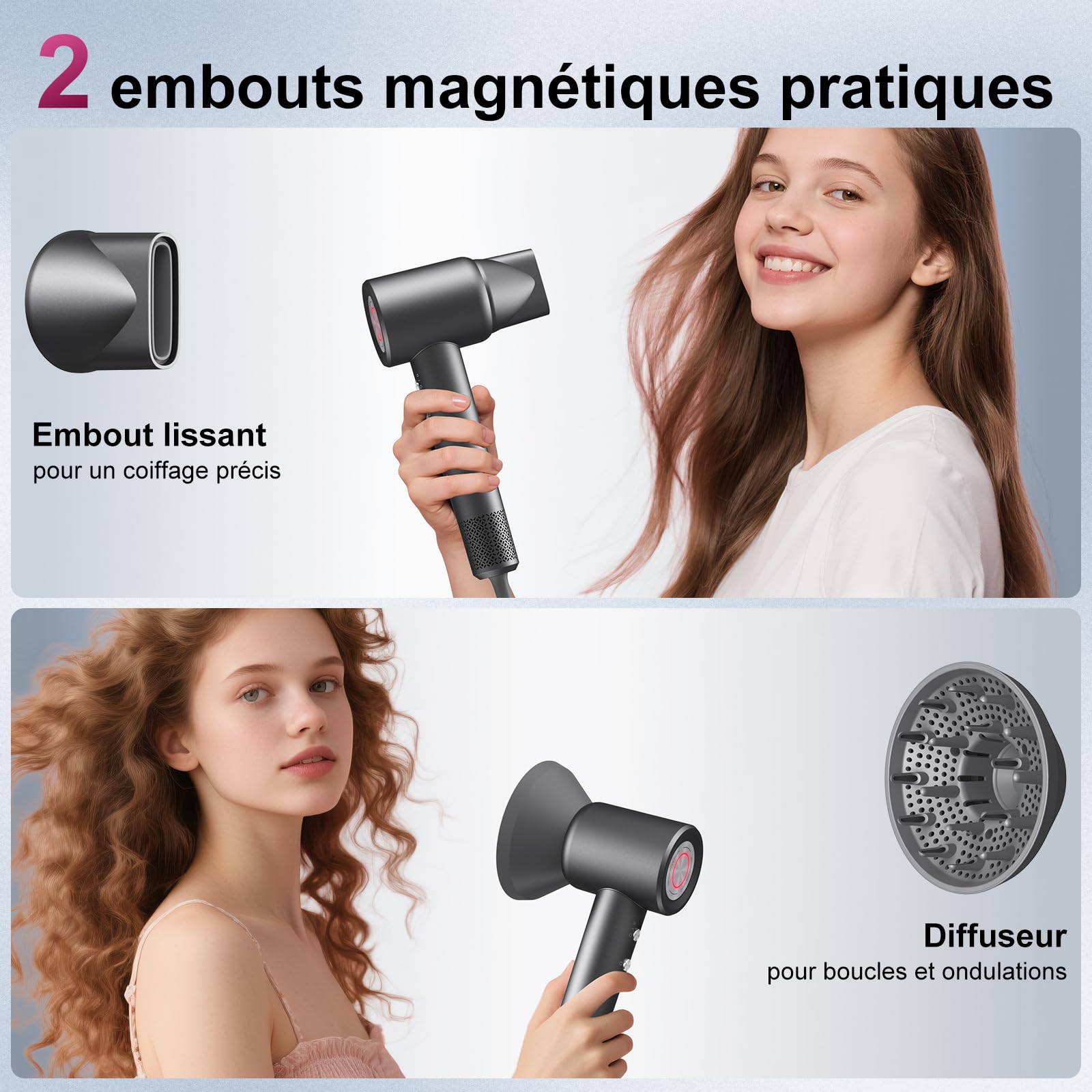 Sèche Cheveux Professionnel Ionique avec Diffuseur Bouclé, 200 Mio Ionique Négatifs Plasma, Mteur Brushless de 110 000tr/min, 1600W, Ultra Compact, 59dB Faible Bruit Pour Maison et Voyages