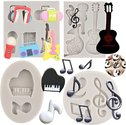 Sijiangmold Molde de silicona para notas musicales, moldes para fondant, micrófono Boombox, molde para guitarra, piano y caramelo para decoración de