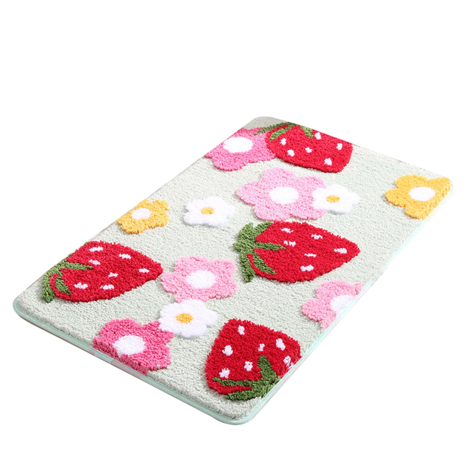 Carotoe Girls Strawberry Green Strawberry Bathroom Rugs, Microfiber Bathroom Floor Carpet, Safe Antislip Floor Covering For Family Use Comfortable Bath Rugs