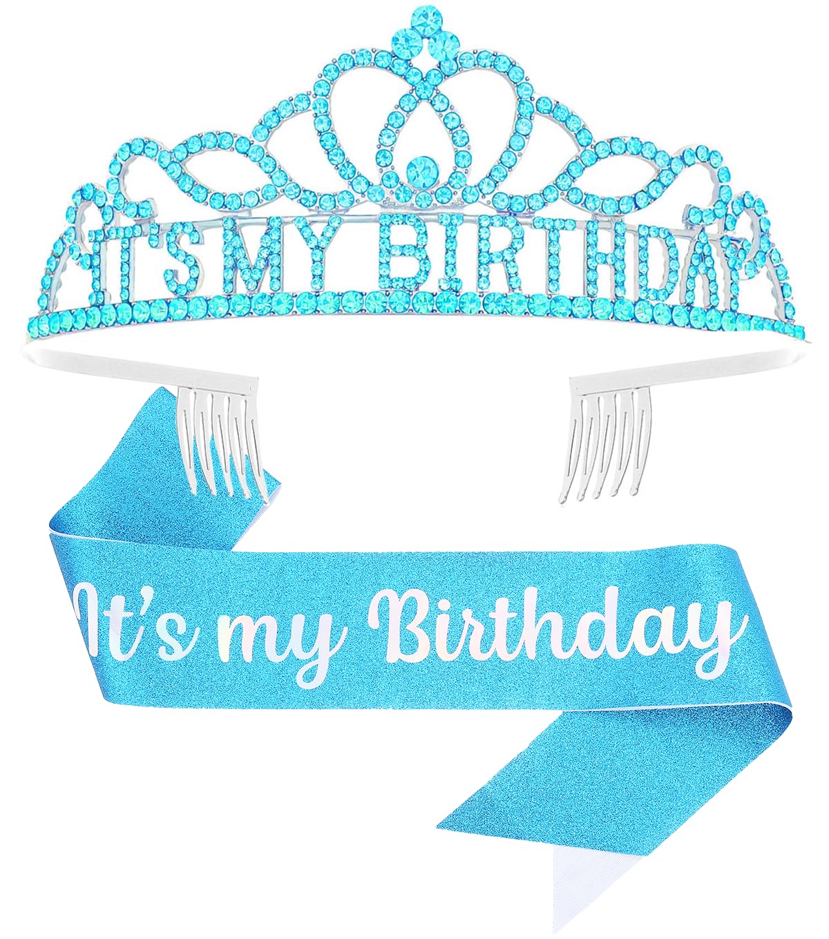 Queenship Birtthday Tiara Crown with Sash for Women Birthday Party (A-Blue)