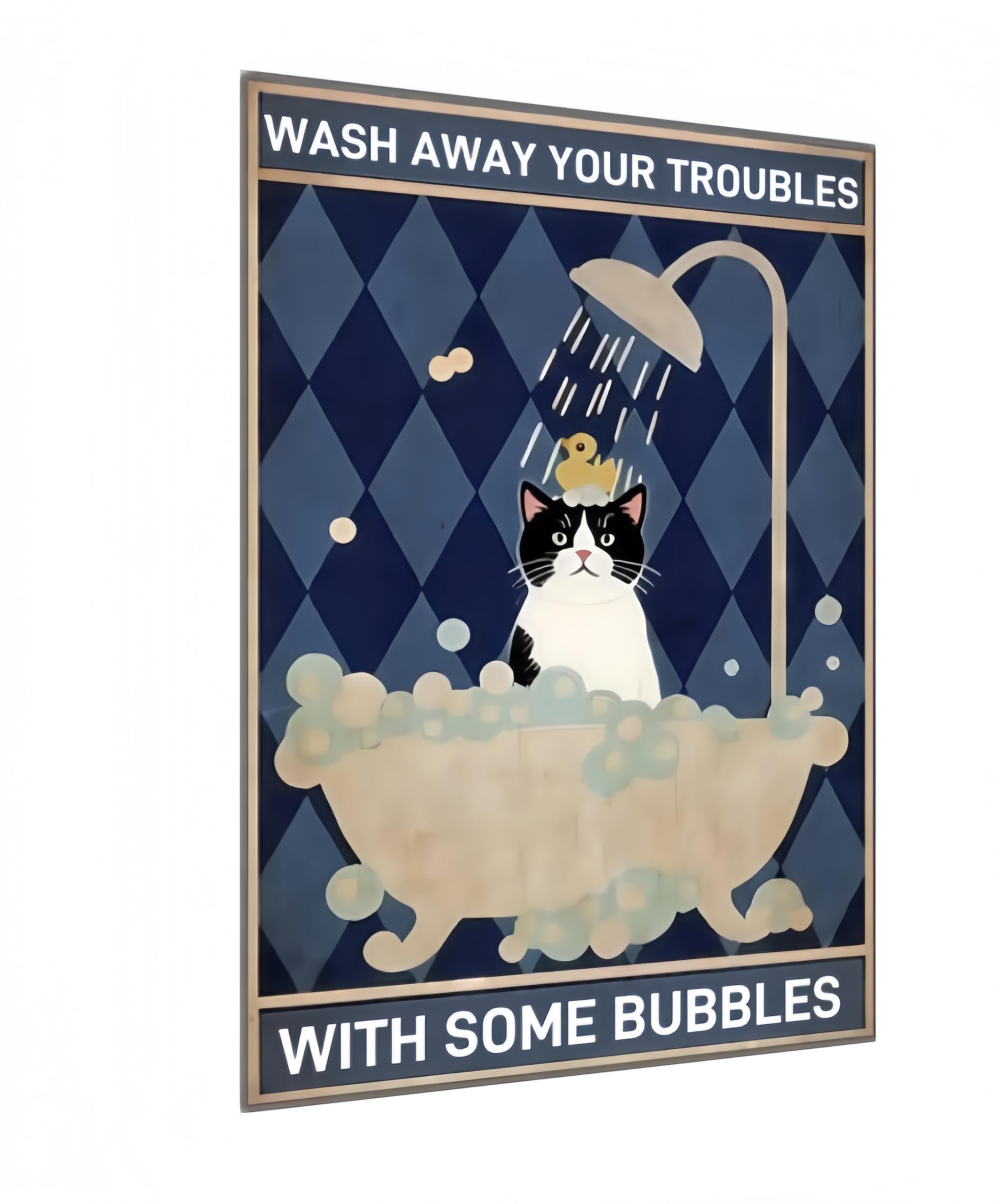 Carastora Vintage Tin Sign – Funny Bathroom Wall Decor, "Wash Away Your Troubles with Some Bubbles", Cat Metal Poster for Home, Cafe, Office, 8x12 Inch