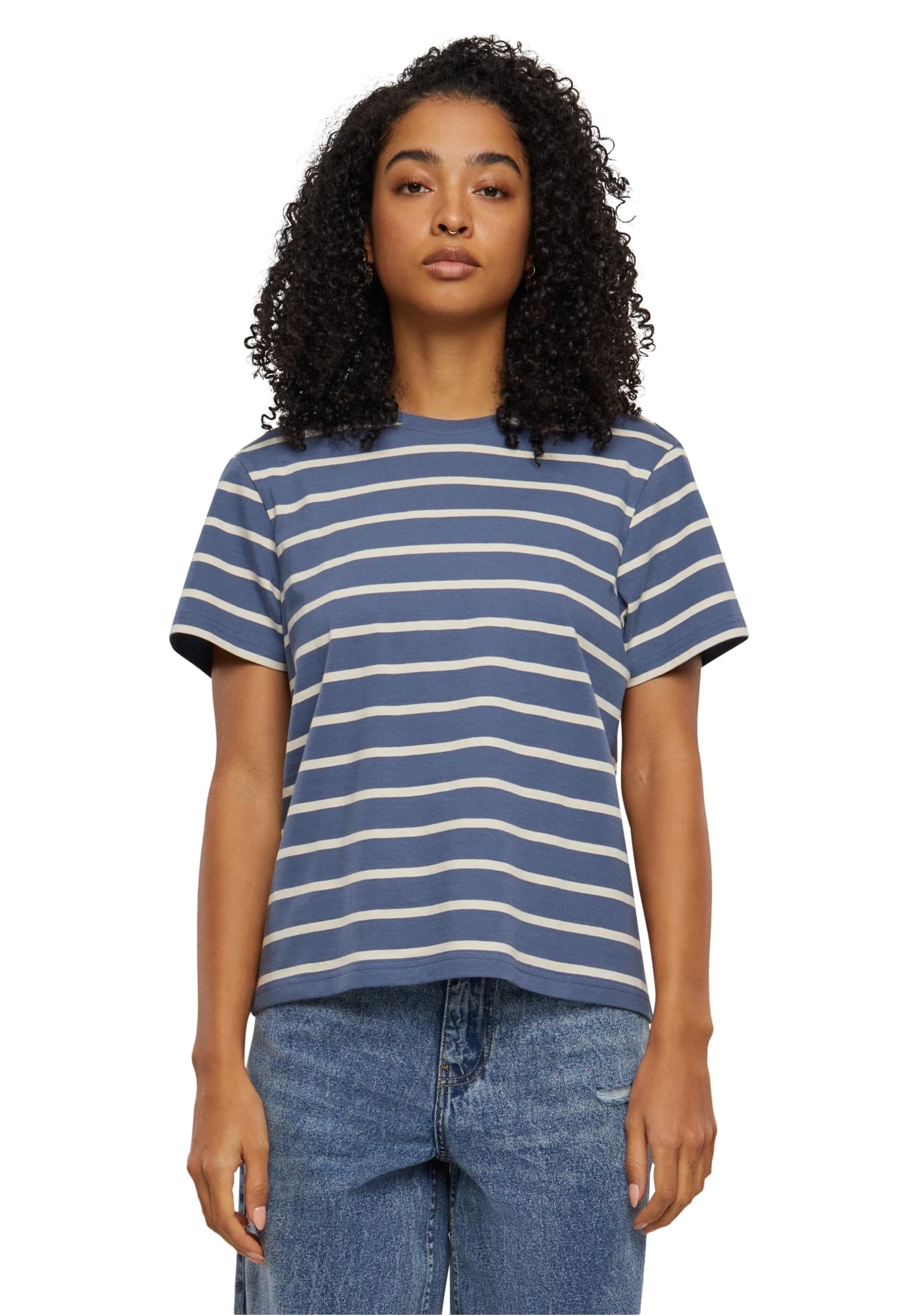 Urban Classics Women's T-Shirt Ladies Striped Boxy Tee White Sand/Vintage Blue S, Whitesand/Vintage Blue, S