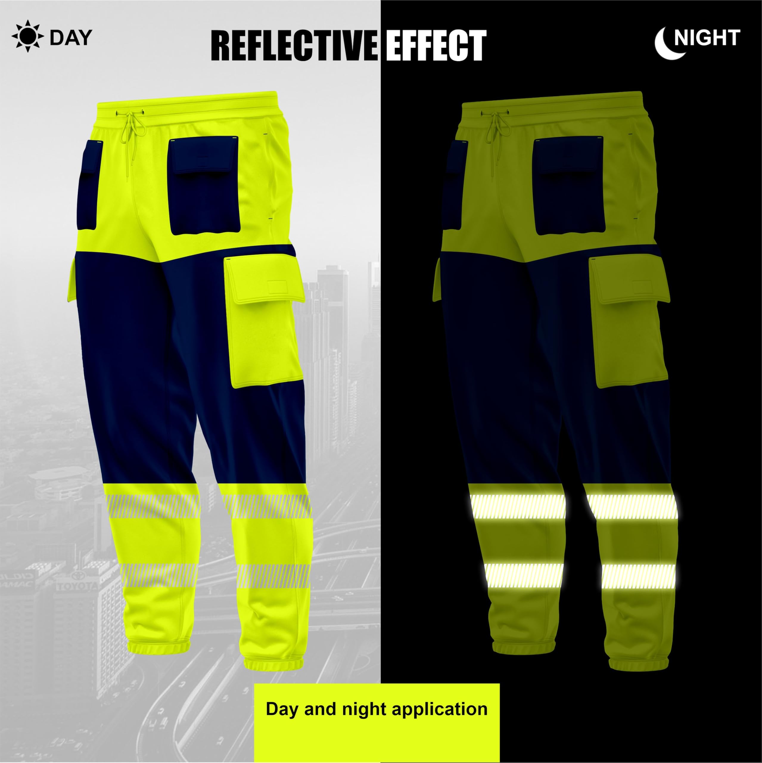 TORO ACTIVA Pantaloni cargo da uomo ad alta visibilità ad alta visibilità con tasche multiple e nastro riflettente con coulisse in vita elasticizzata alla caviglia abbigliamento da lavoro joggers