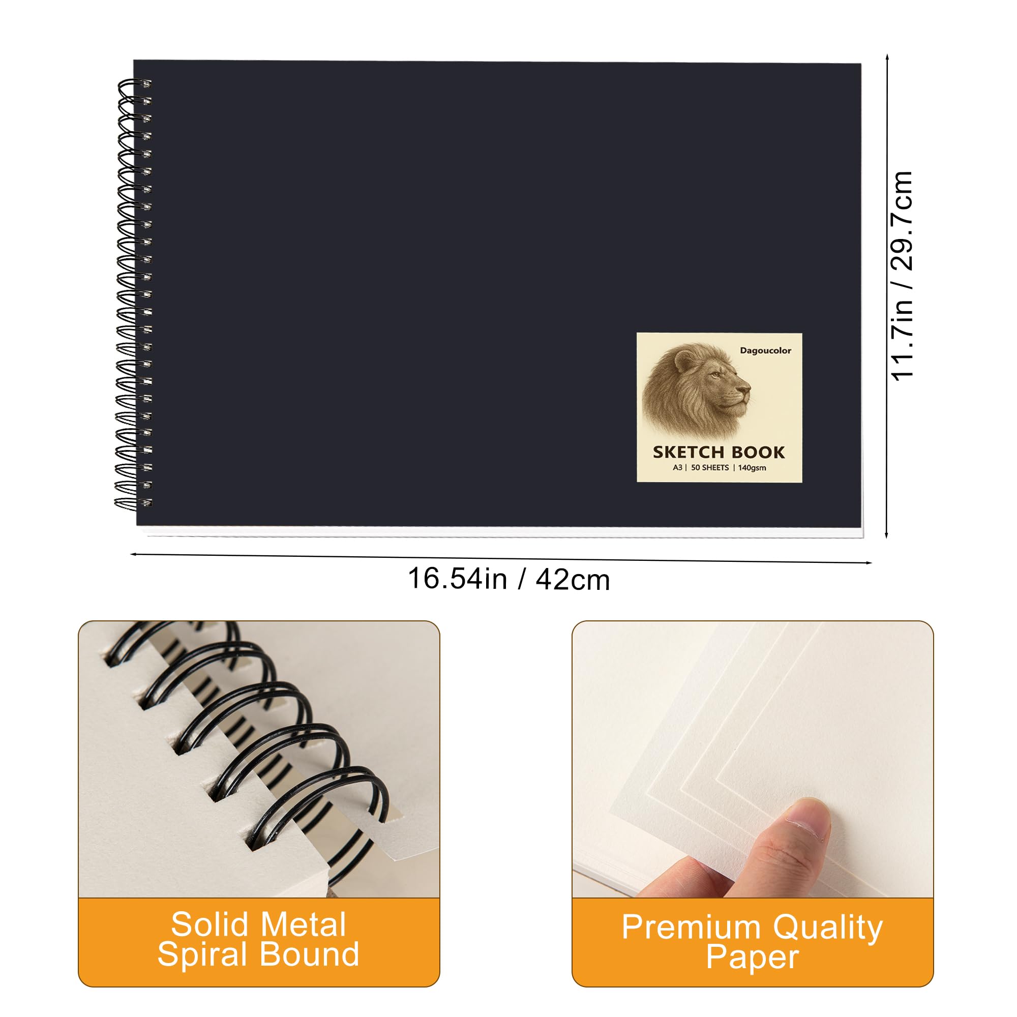 DagouColor Libro de Bocetos Sketch, 2 Pack, 50 Hojas(100 Páginas), A3 Espiral Papel de Dibujo Arte Libre ácido, 140GSM Cuadernos De Dibujo, Para Artistas Principiantes, Adultos, Niños y Niñas | Papel de dibujo artístico sin ácidos, bloc de dibujo en espir