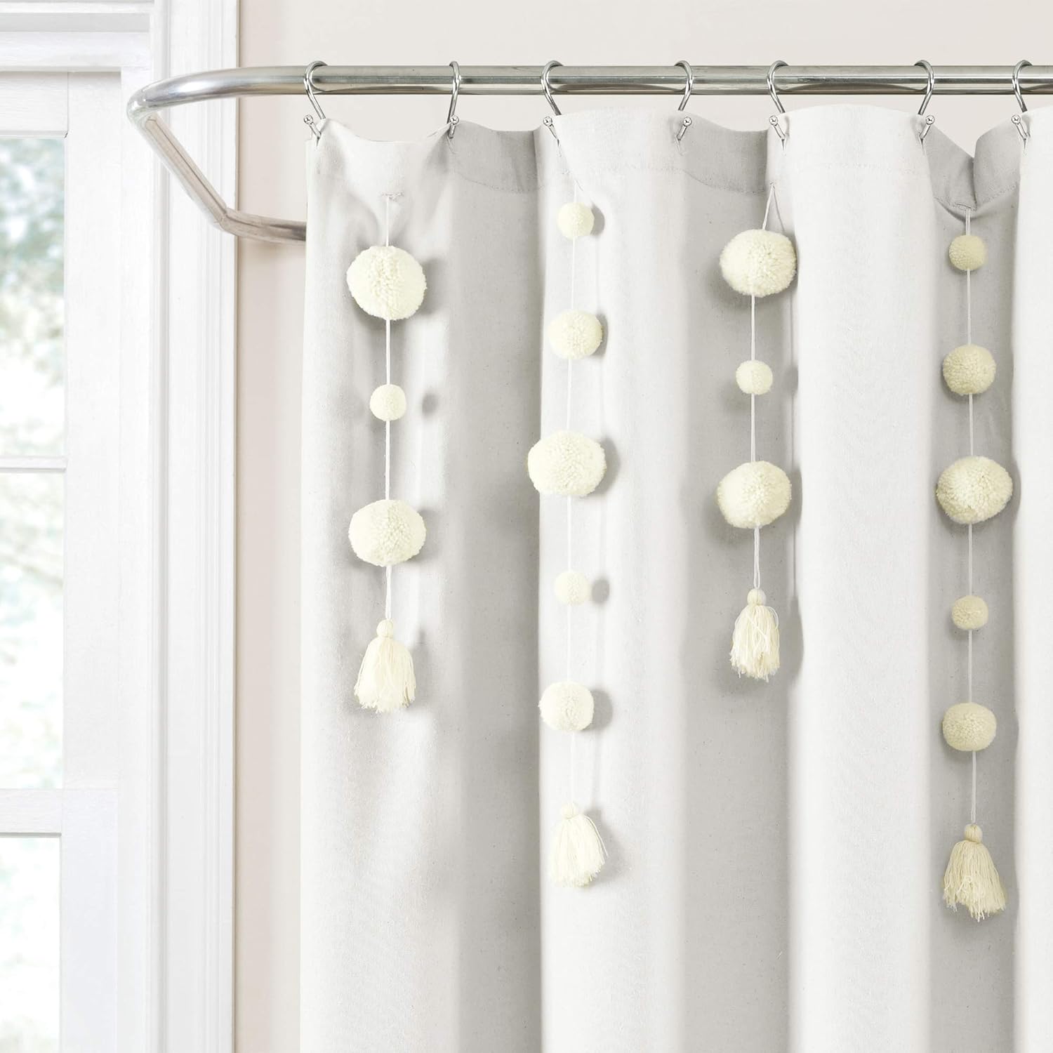 Lush Decor Boho Pom Pom Tassel Linen Textured Shower Curtain Single 72" W x 72" L, Off White -